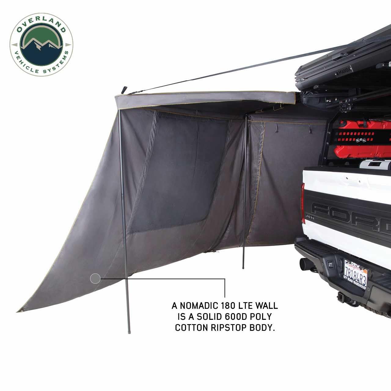 Overland Vehicle Systems Nomadic 180 LTE HD Awning Wall with Windows and Door fits OVS 180 LTE Awning (Sold Separately) | 280G Poly Cotton Ripstop Material | Stakes & Tension Straps Included