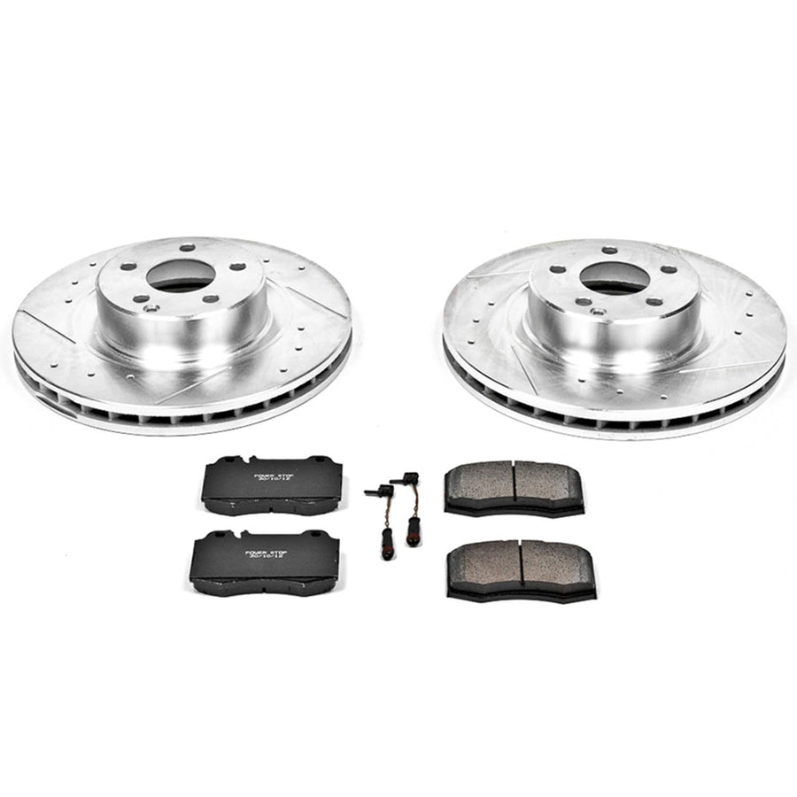 Z23 Power Stop K5235 Brake Pads with Drilled & Slotted Brake Rotors Kit and 2 Front Sensor Wires For Mercedes-Benz CL500, Mercedes-Benz S430, Mercedes-Benz S500 [Model Specific]