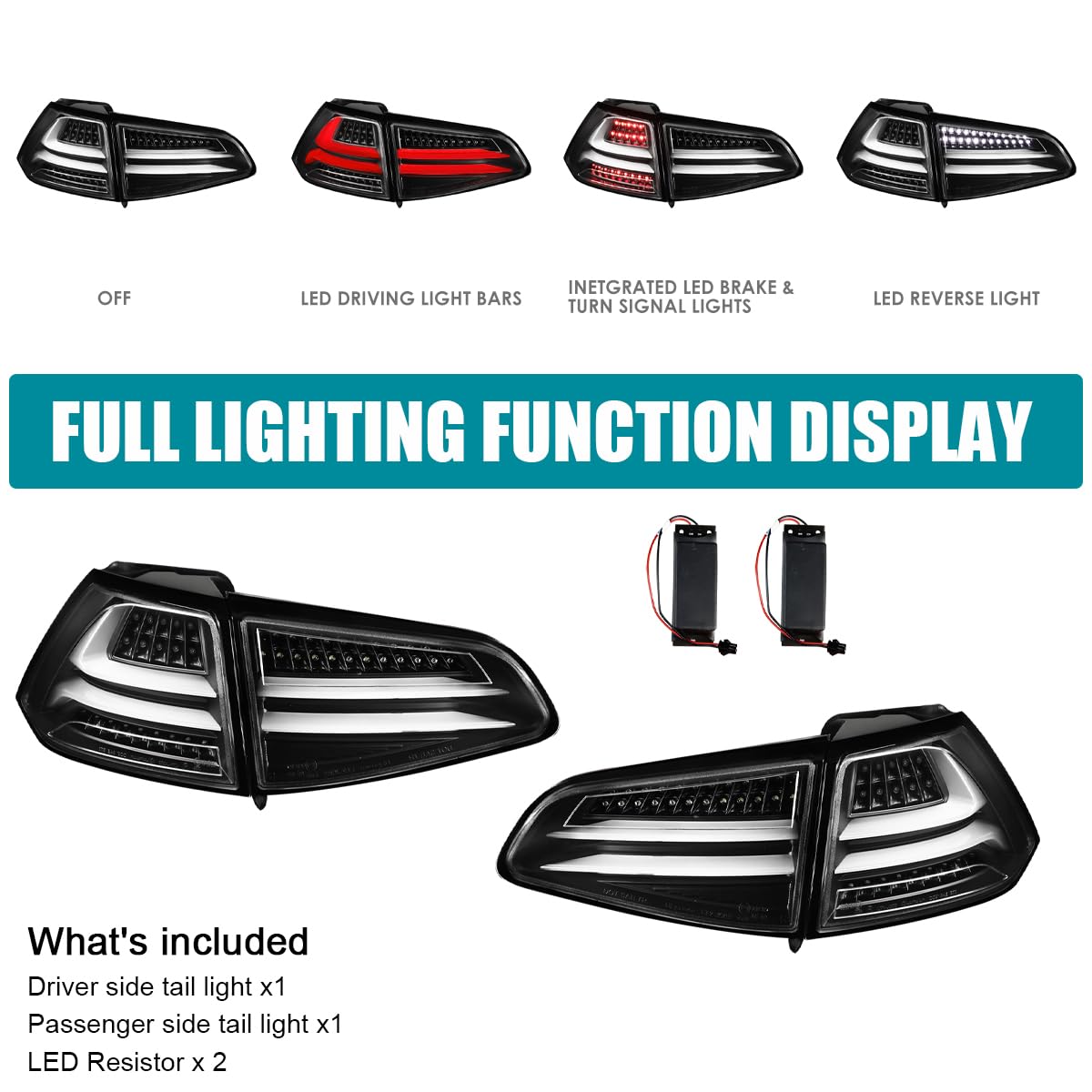 Black LED Bar Tail Lights SPEC-D TUNING Compatible with 2015-2017 Volkswagen Golf GTI Models, Left + Right Pair Assembly