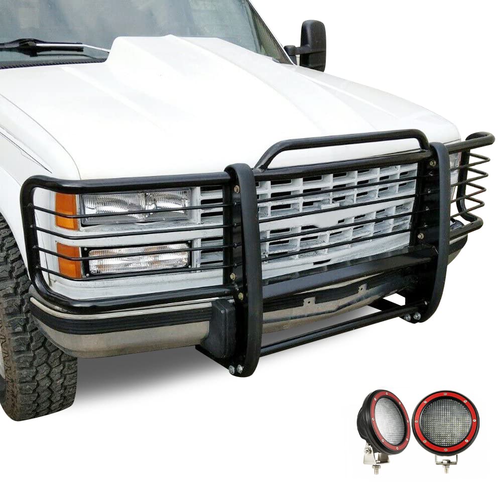Bumper Guard Black Horse Grille brush Modular Come With Pair of 5.3"LED Lights Compatible with 1995-1998 Silverado|1999 Suburban 1500|1995-1999 Tahoe|88-98 Sierra 1500|92-99 Yukon-17GJ23MA-PLFR