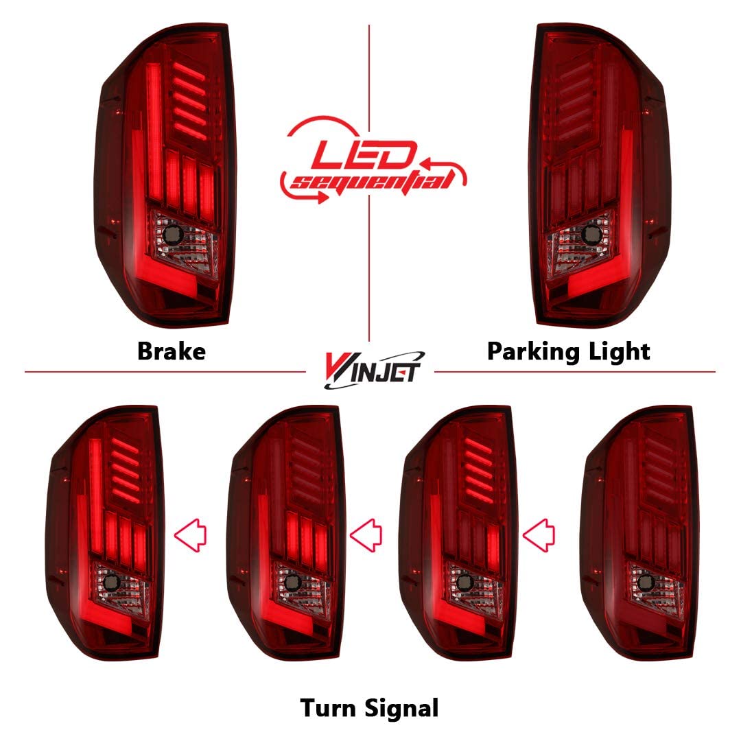 Tail Lights Assembly Winjet For 2014-2021 Toyota Tundra with Led Sequential Turn Signals DRL Brake Lights Rear Lamps Pair Replacement for Tundra Pickup Passenger and Driver Side (Red Lens)