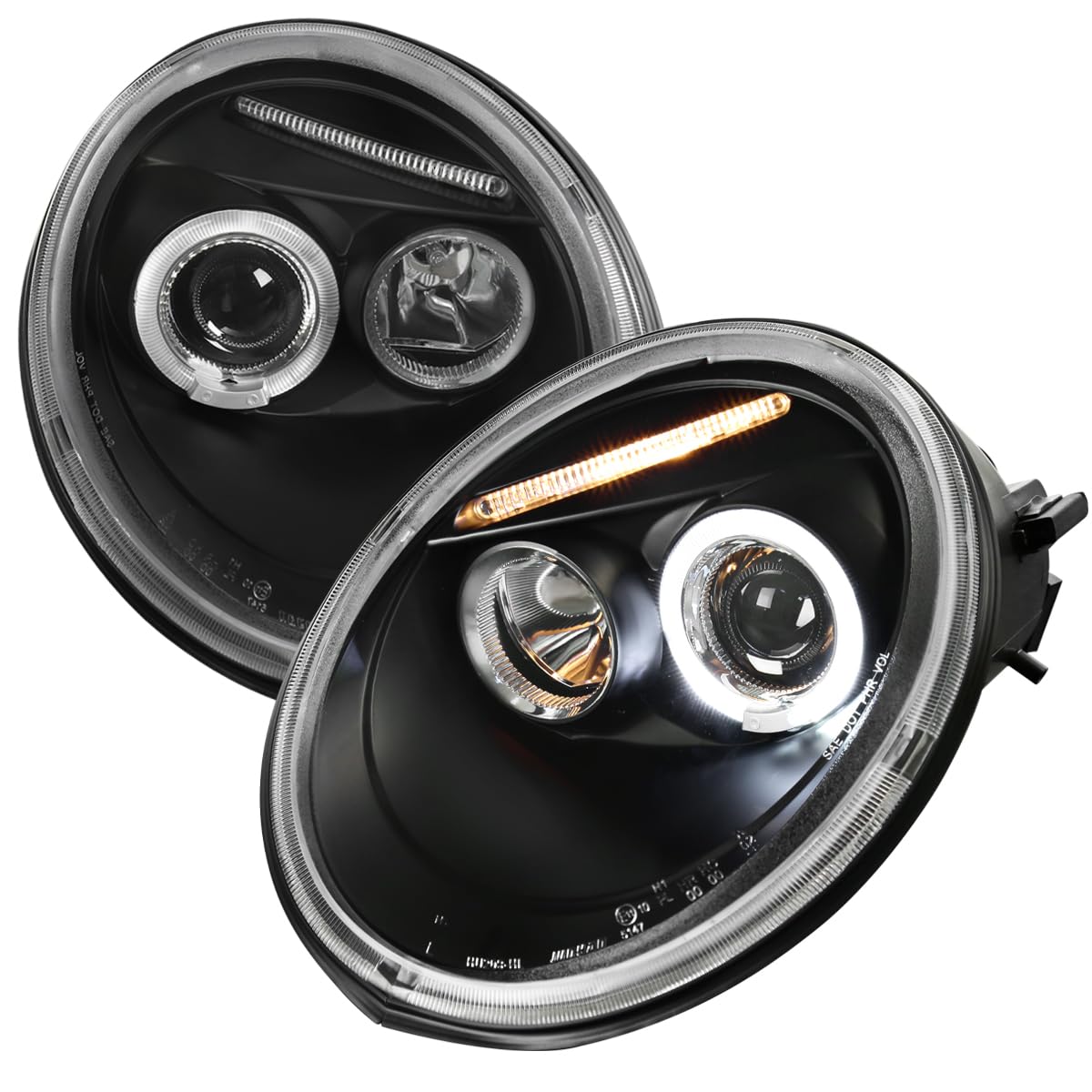 SPEC-D TUNING Projector Headlights Angeleyes Black Compatible with 1998-2005 Volkswagen Beetle With Factory Halogen Headlight, Left + Right Pair Headlamps Assembly