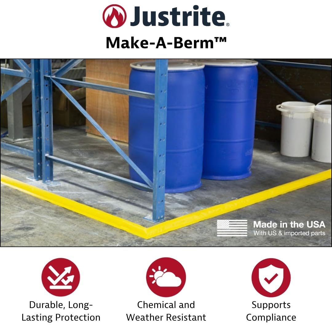 Justrite Fuel Spill Containment Curbs Make-A-Berm™ Complete Kit 50' Long x 1.5" High, Custom Chemical Spill Containment Berm System, Yellow PVC Coated Fabric, Made in The USA, 28464