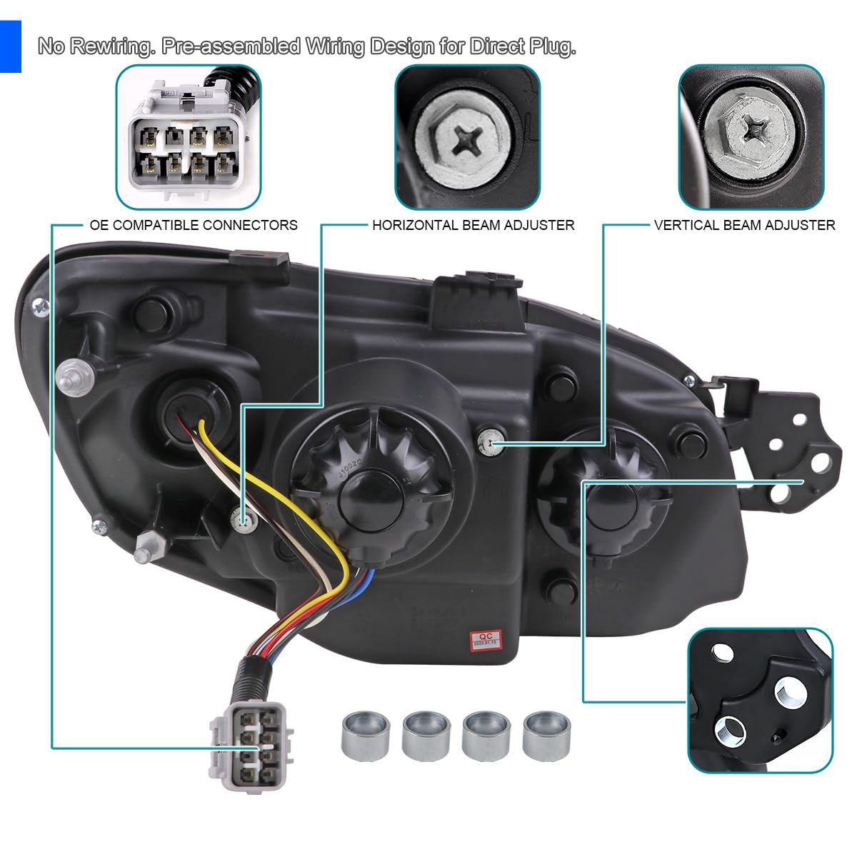 Jet Black SPEC-D TUNING Projector Headlights w/Sequential LED Turn Signal Compatible with 2006-2007 Subaru Impreza WRX/STI Models Only, Left + Right Pair Headlamp Assembly