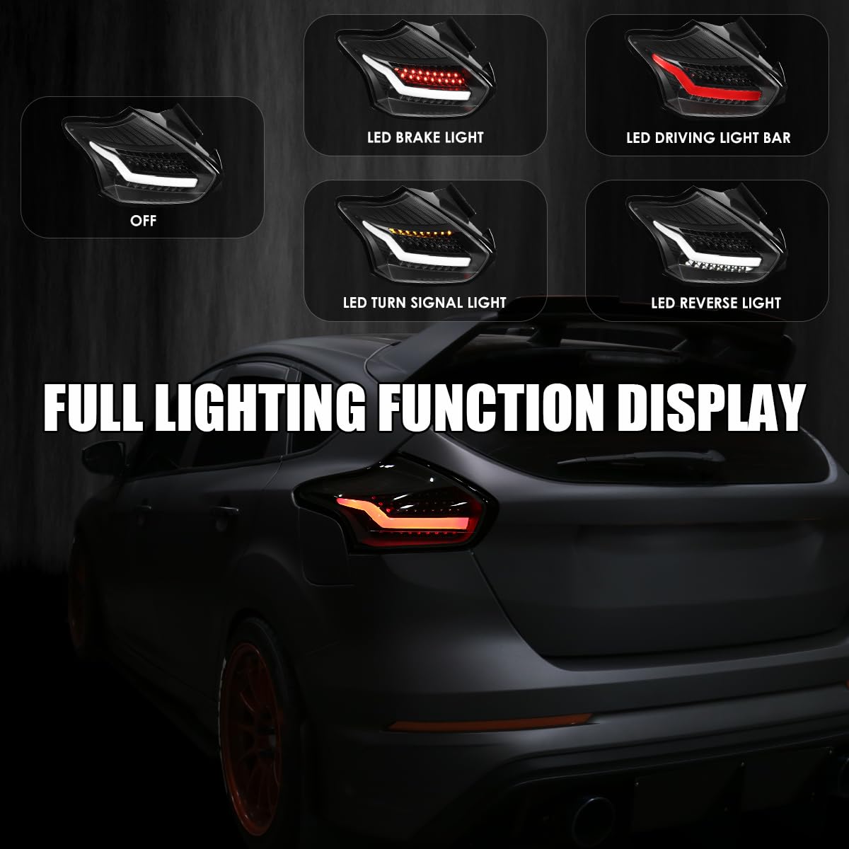 Black LED Bar Tail Lights SPEC-D TUNING Compatible with 2015-2018 Ford Focus SE/ST/Titanium Hatchback, 2016-2018 Ford Focus RS Hatchback, Left + Right Pair Assembly