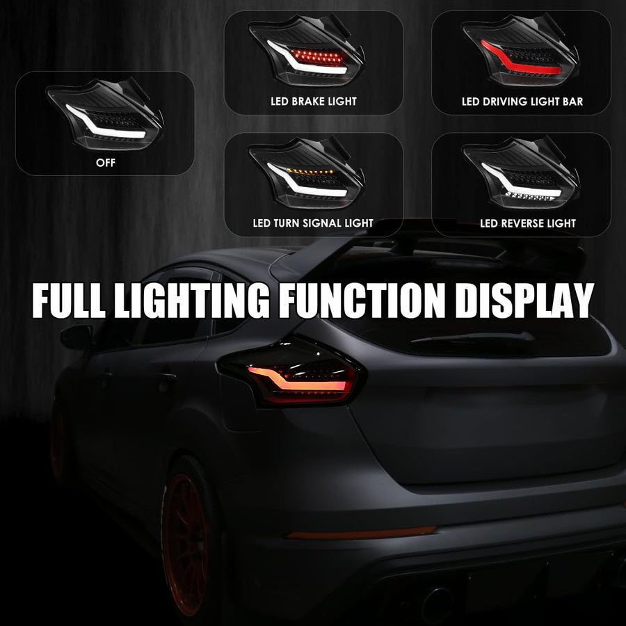 Black LED Bar Tail Lights SPEC-D TUNING Compatible with 2015-2018 Ford Focus SE/ST/Titanium Hatchback, 2016-2018 Ford Focus RS Hatchback, Left + Right Pair Assembly