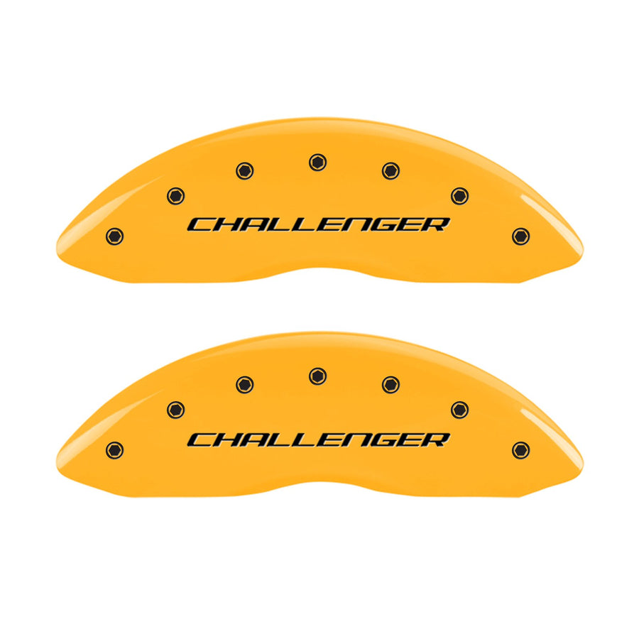 MGP Caliper Covers Set of 4 12001SCLBYL, Engraved Front and Rear: Block/Challenger, Yellow Powder Coat Finish, Black Characters 4 Pack