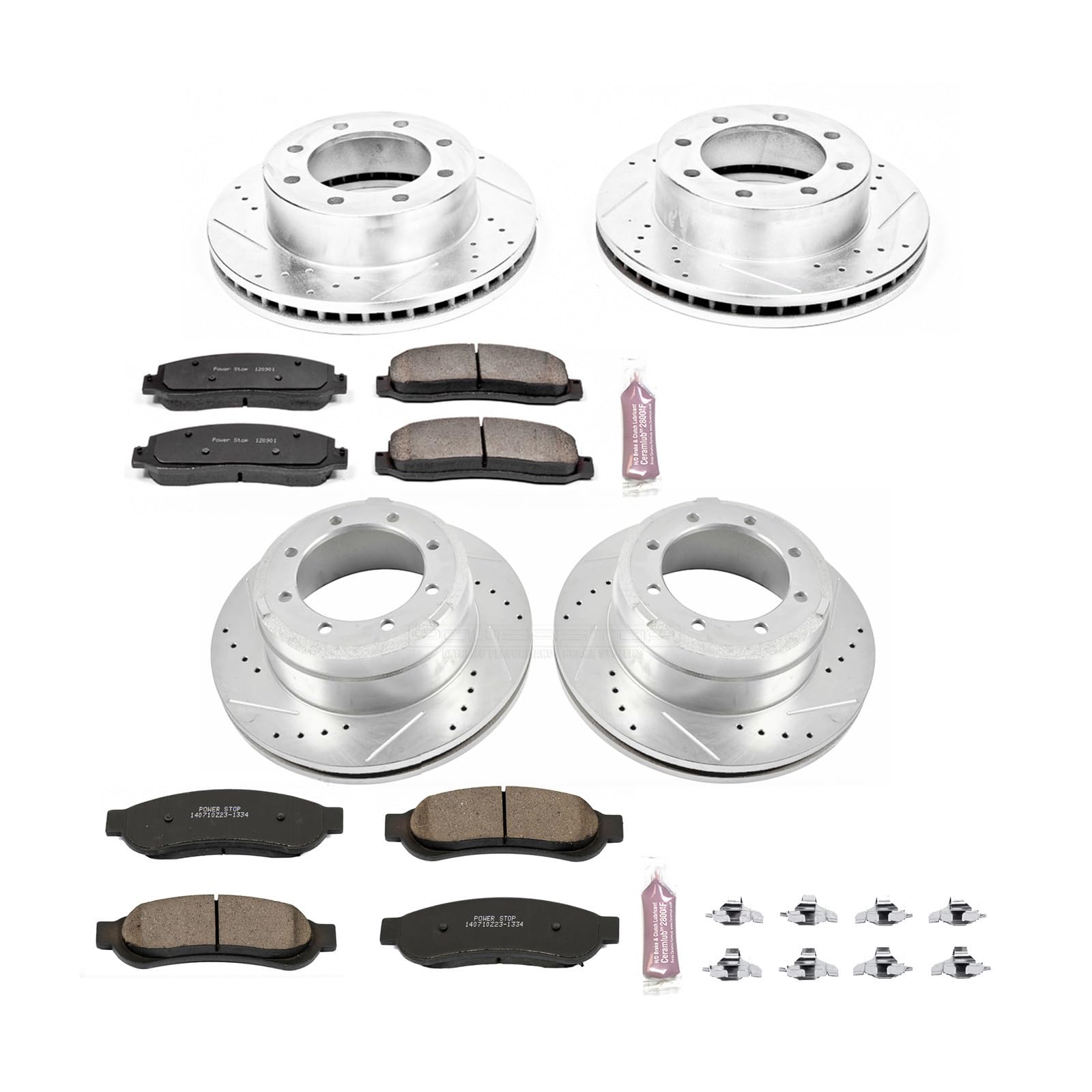 Power Stop K5574 Z23 Carbon Fiber Brake Pads Front and Rear with Drilled & Slotted Brake Rotors Kit For Ford F-350 Super Duty 2010-2011, Ford F-450 Super Duty 2010-2012 [Model Specific]