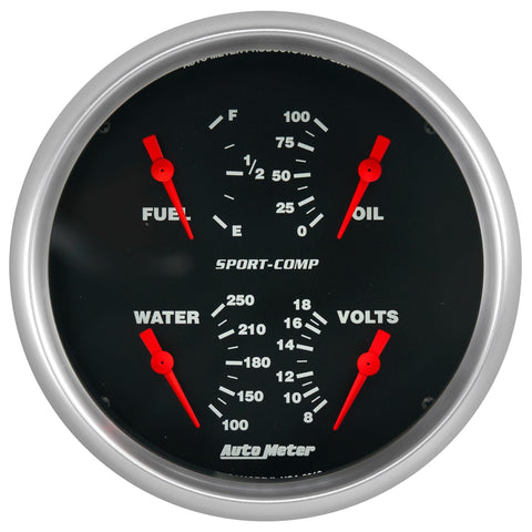 Auto Meter Gauge, 3912 Quad, 5", 240Ωe-33Ωf, Elec, Sport-Comp