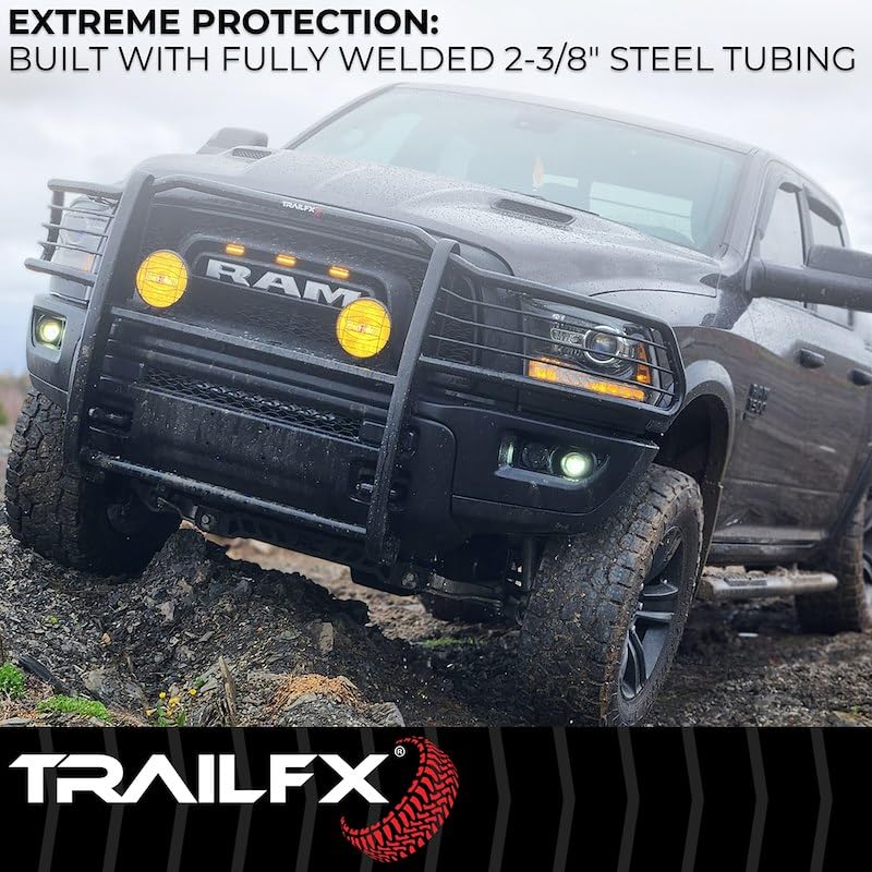 Grille Guard Trail FX E0046T, 1-Piece, 1-1/2 Inch Diameter, Powder Coated, Gloss Black, Steel, with Brush Guard, Without Skid Plate/Step Plate, Fits 2024-2025 Toyota Tacoma
