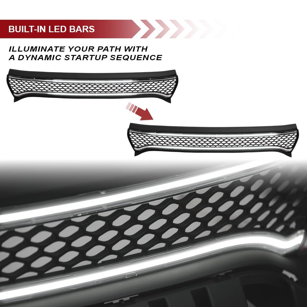 HEX Style Armordillo Honeycomb Mesh LED Front Grille|Compatible With 2015-2023 Dodge Charger|8734995|ABS Plastic|Matte Black|Front Hood Bumper Grille With LED Light Bar