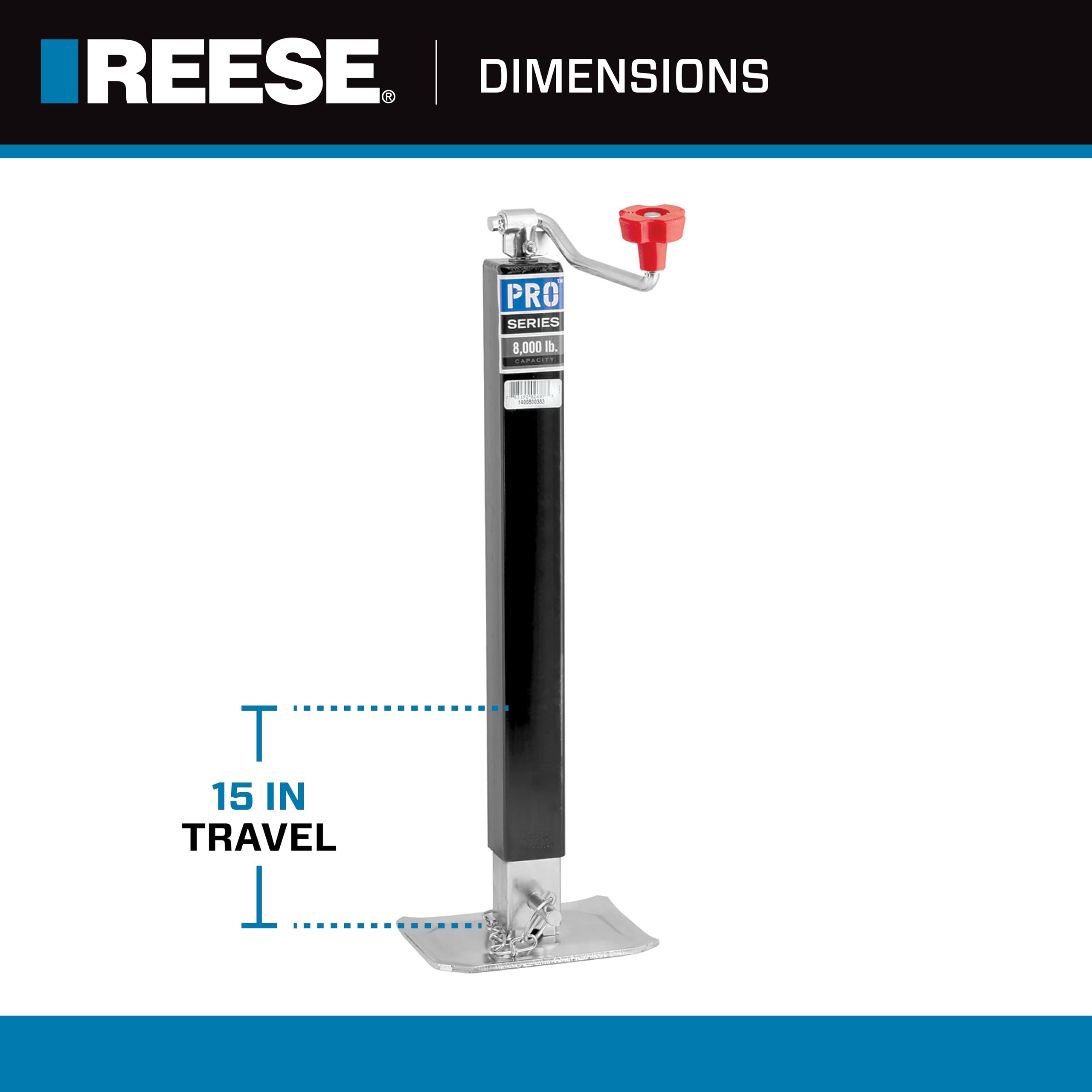 Reese Square Trailer Jack 1400800383, No Mount, 8,000 lbs. Support Capacity, Topwind, Weld-On, 15 Inch Travel