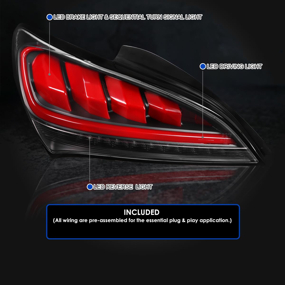 Black Tail Lights w/Red LED Sequential Turn Signal SPEC-D TUNING Compatible with 2010-2016 Hyundai Genesis 2Dr Coupe, Left + Right Pair Assembly