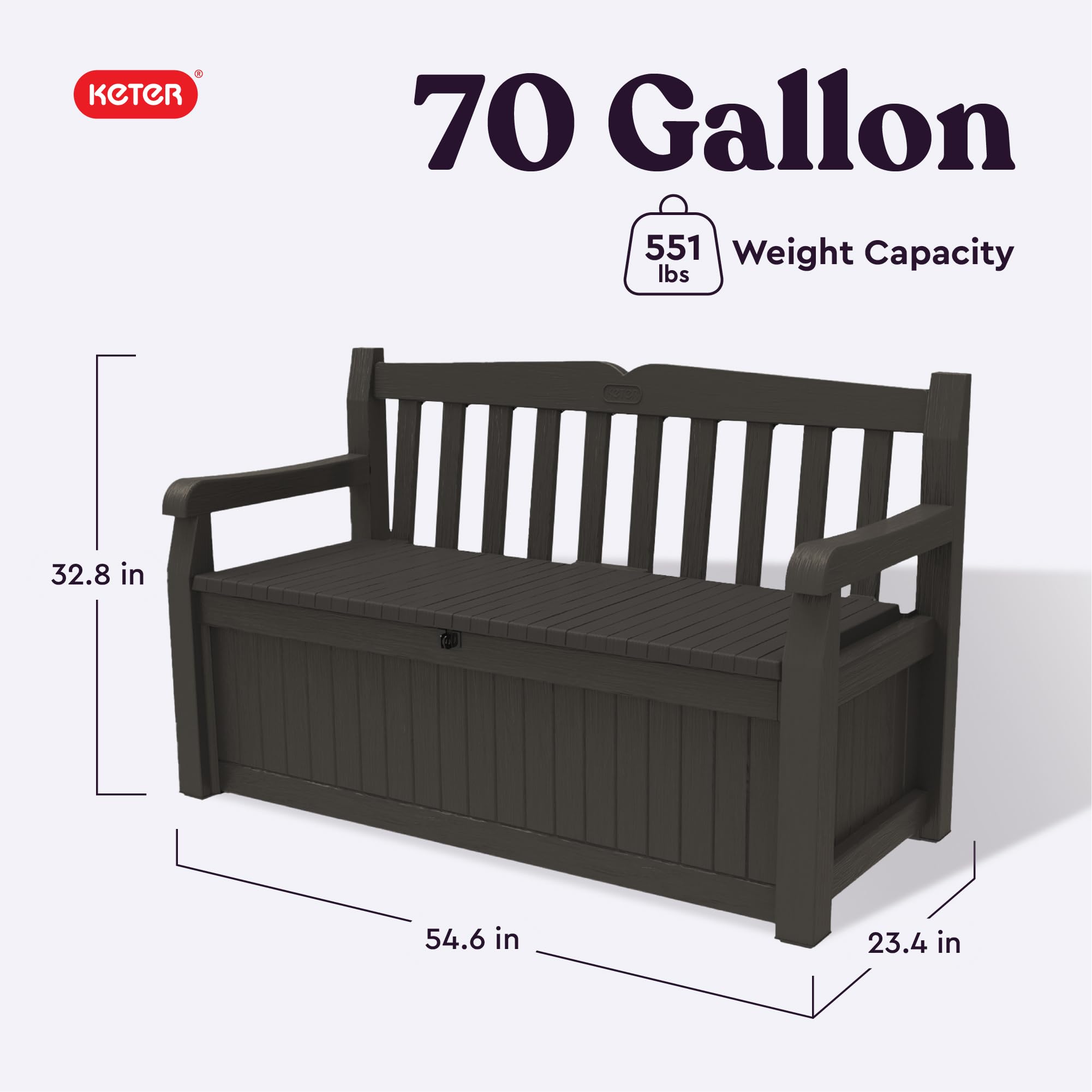 Keter 70 Gallon Solana Storage Bench Deck Box for Patio Furniture, Front Porch Decor and Outdoor Seating – Perfect to Store Garden Tools, Brown/Brown