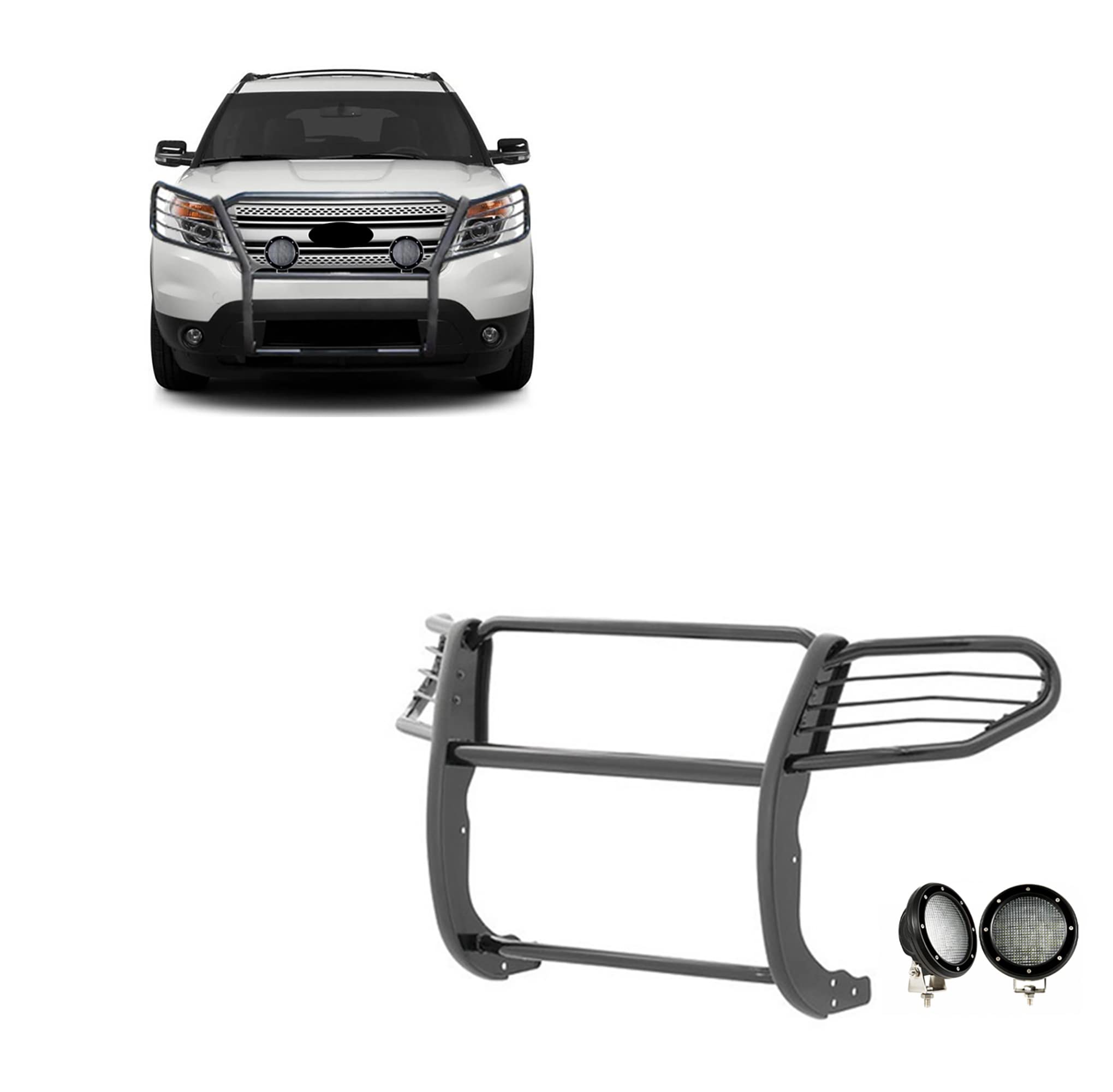 Bumper Guard Black Horse Grille brush Modular Come with Pair of 5.3" Dia.LED Lights with Black Trim Rings Compatible with 2011-2015 Ford Explorer-17FJ28MA-PLFB