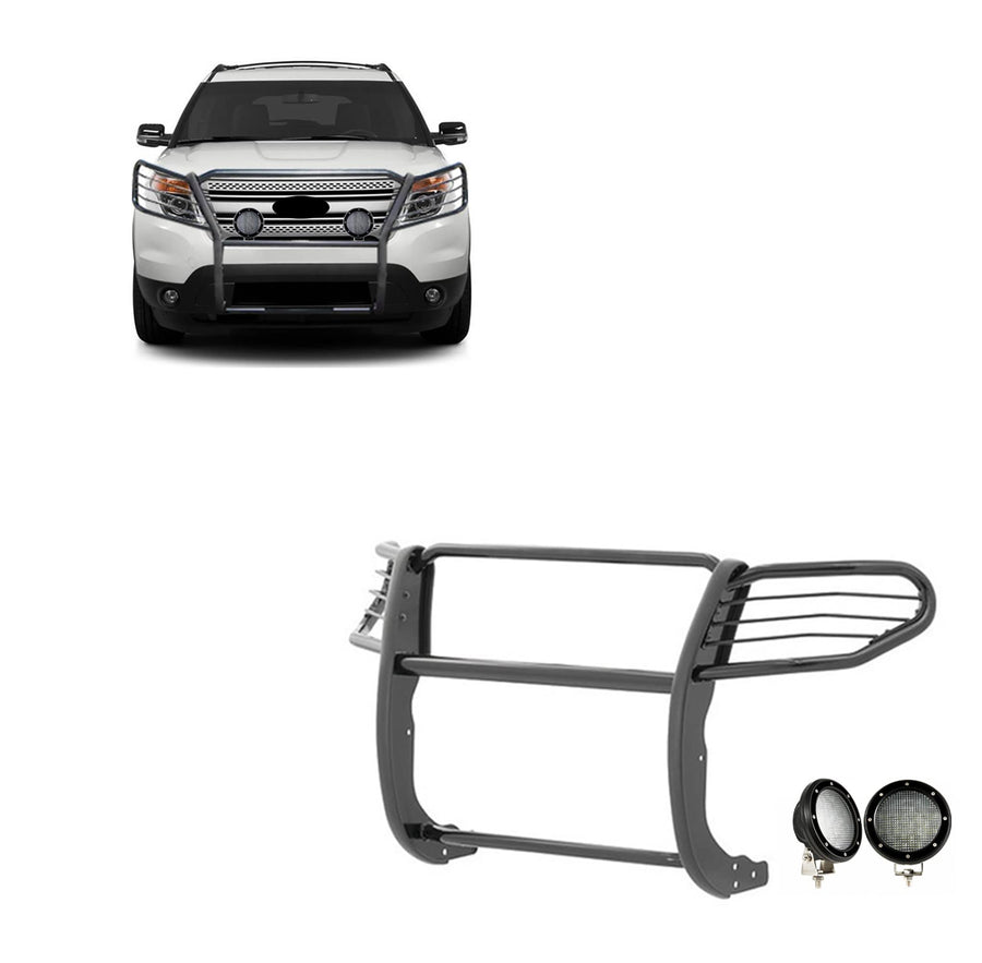 Bumper Guard Black Horse Grille brush Modular Come with Pair of 5.3" Dia.LED Lights with Black Trim Rings Compatible with 2011-2015 Ford Explorer-17FJ28MA-PLFB