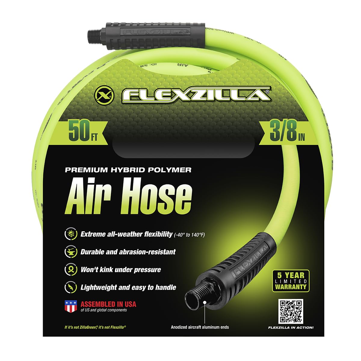 Flexzilla Air Hose, 1/4 in. MNPT Fittings, 3/8 in. x 50 ft., Heavy Duty, Lightweight, Hybrid, ZillaGreen - HFZ3850YW2