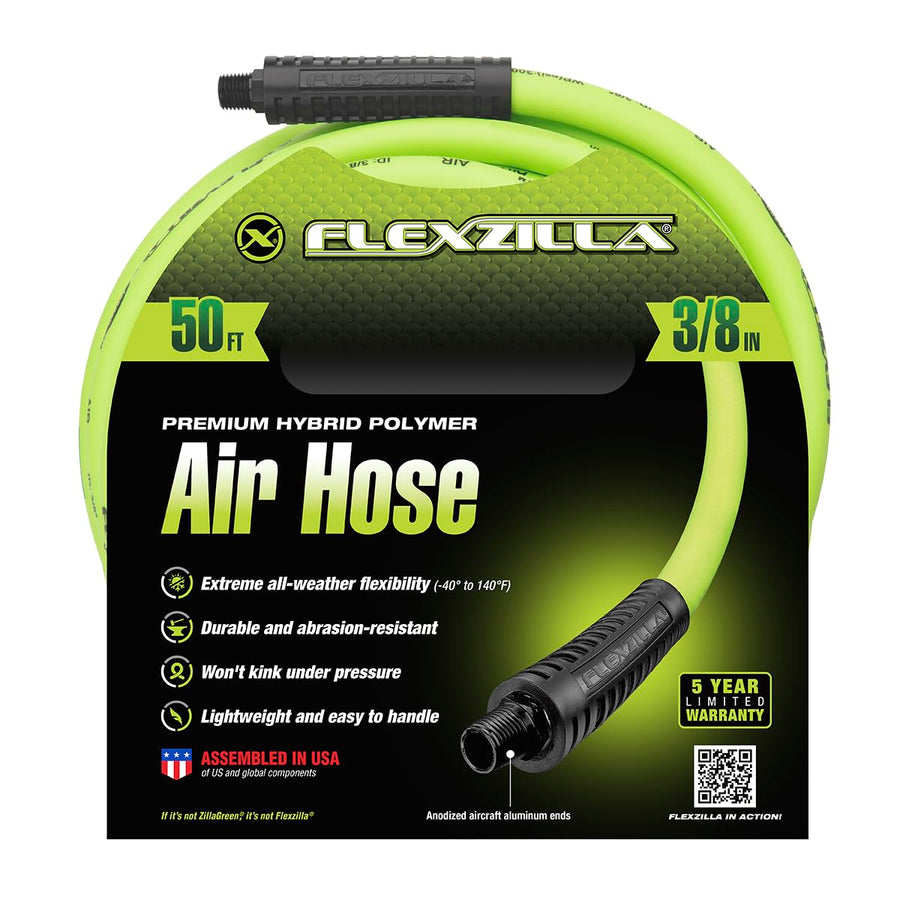 Flexzilla Air Hose, 1/4 in. MNPT Fittings, 3/8 in. x 50 ft., Heavy Duty, Lightweight, Hybrid, ZillaGreen - HFZ3850YW2