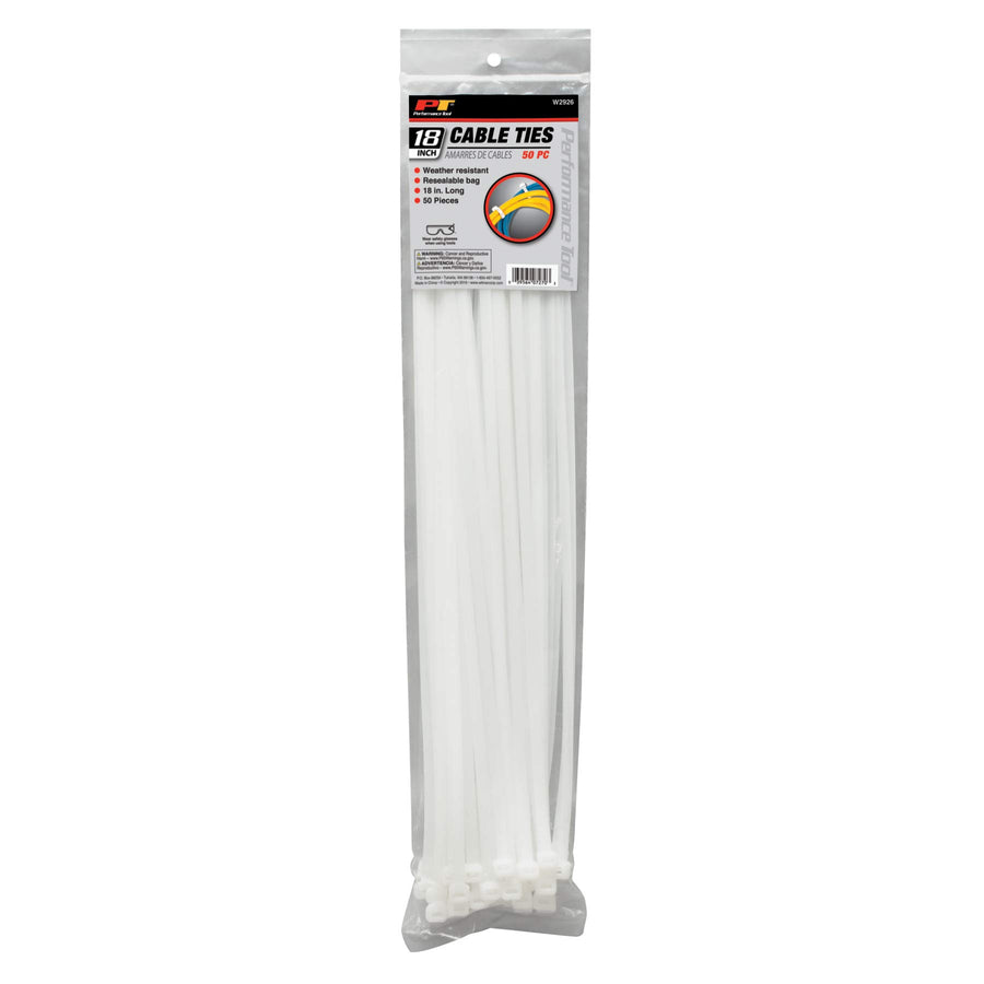 50pc Performance Tool W2926 18-Inch Cable Tie, White With Tensile Strength 120 Lbs