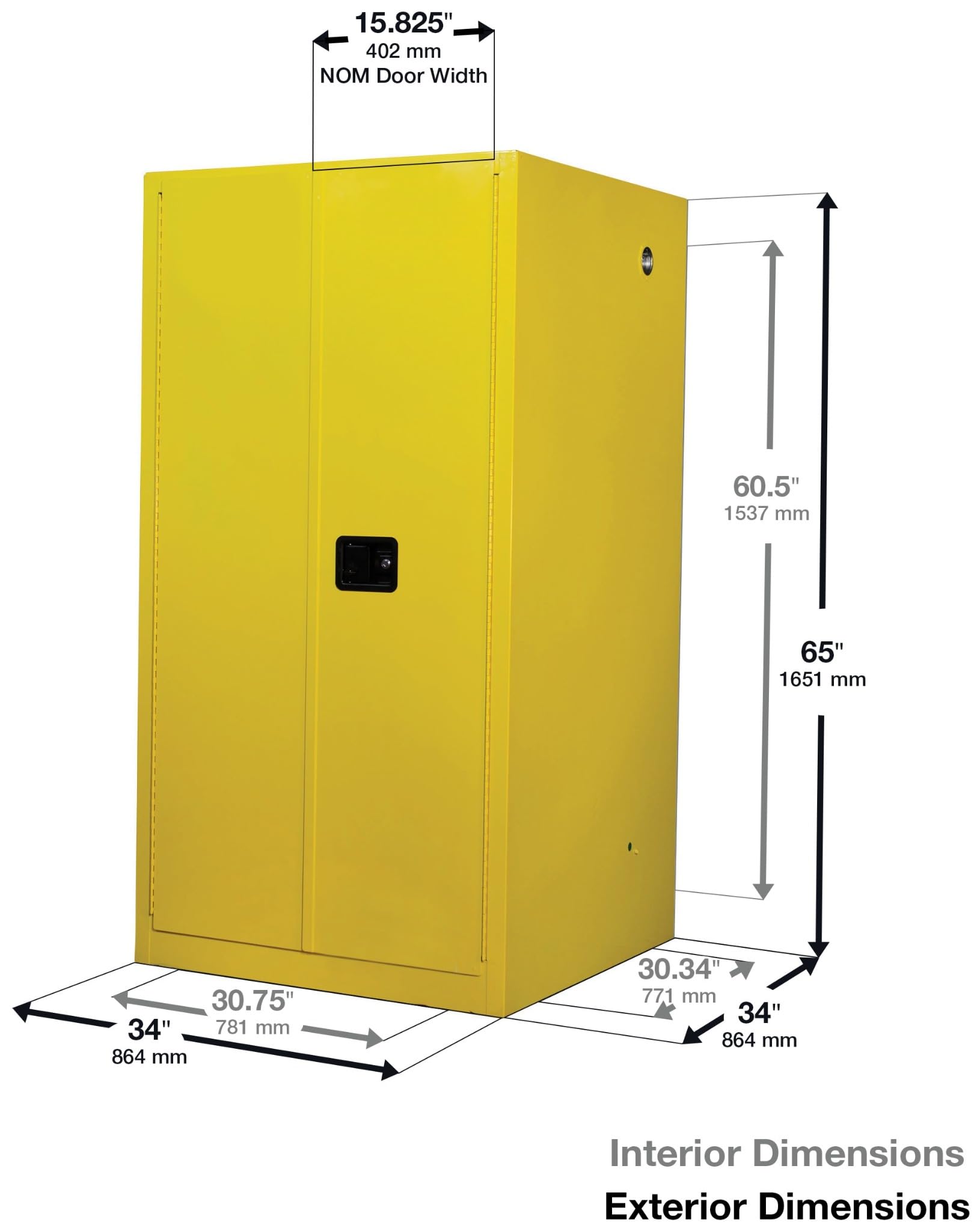 Justrite 96 Gallon Paint and Ink Self Close Safety Cabinet, 18 Gauge Steel, 5 Shelves, 34" x 65" x 34", 2 Door Combustibles Cabinet, Made in The USA, Yellow, 896030
