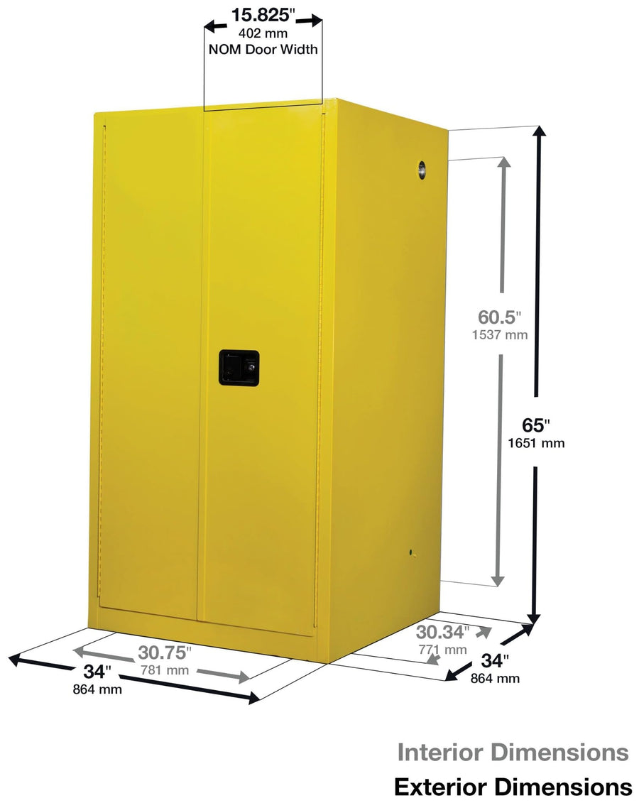 Justrite 96 Gallon Paint and Ink Self Close Safety Cabinet, 18 Gauge Steel, 5 Shelves, 34" x 65" x 34", 2 Door Combustibles Cabinet, Made in The USA, Yellow, 896030