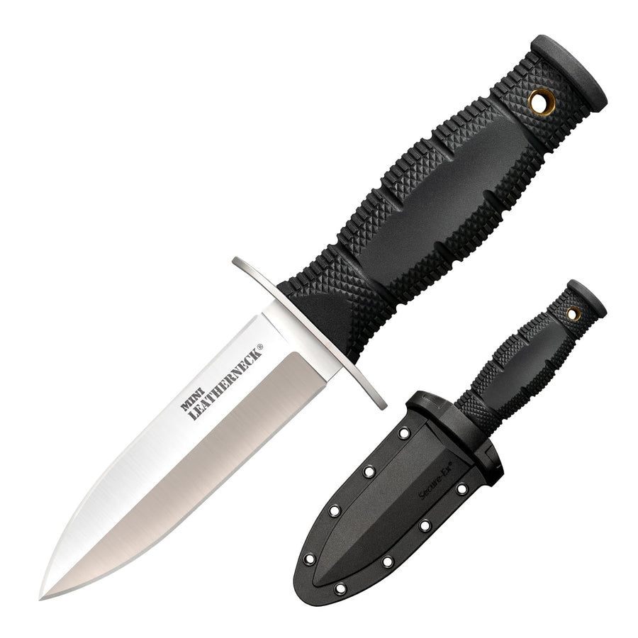 Mini Leatherneck Cold Steel Double Edge Spear Point Compact Lightweight 3.5" 8CR13MOV Steel Fixed Blade Outdoor Hunting Utility Knife, 3.25" Textured Ergonomic Kray-Ex Handle, Secure-Ex Sheath