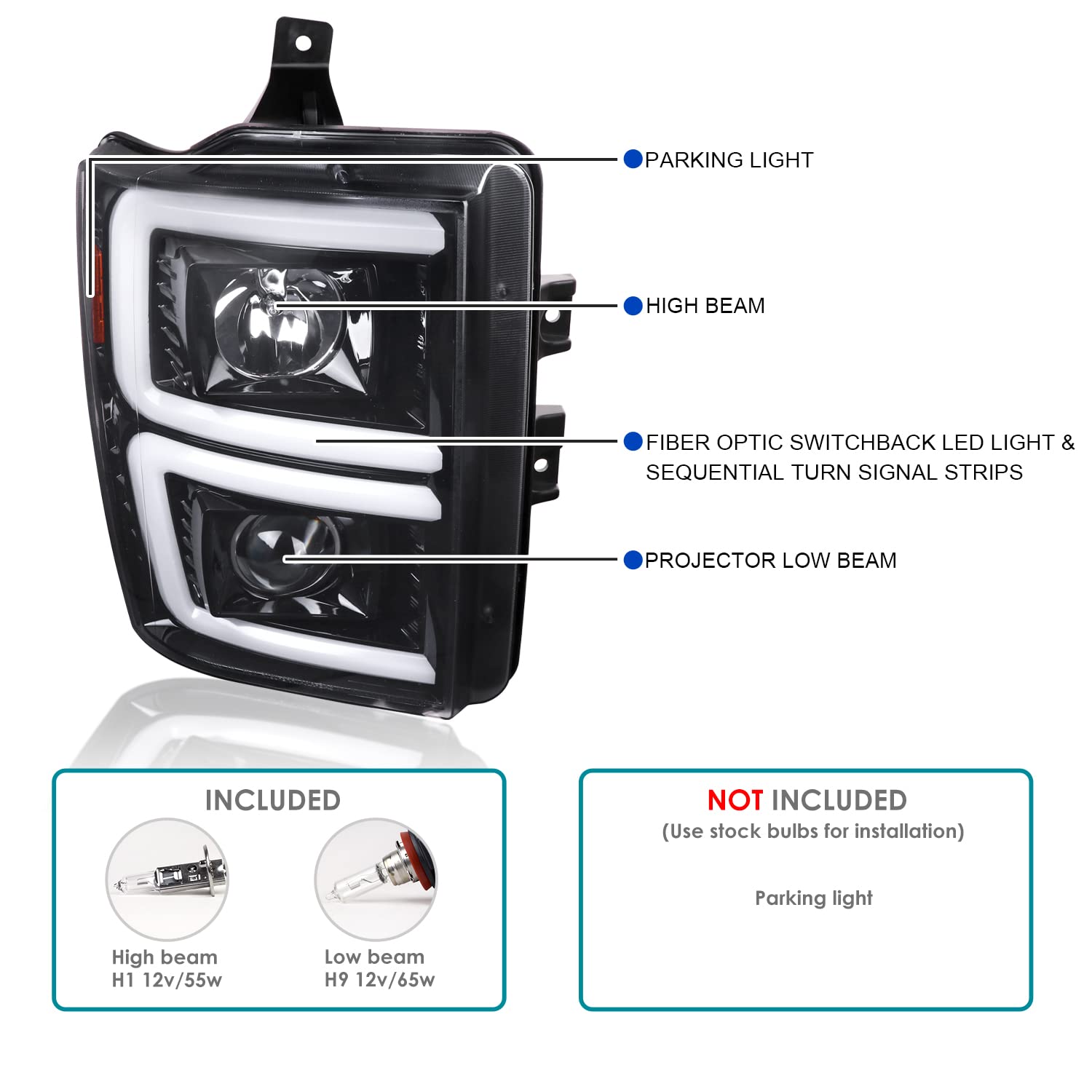 Jet Black SPEC-D TUNING Sequential Switchback Projector Headlights Compatible with 2008-2010 Ford F-250, F-350, F-450