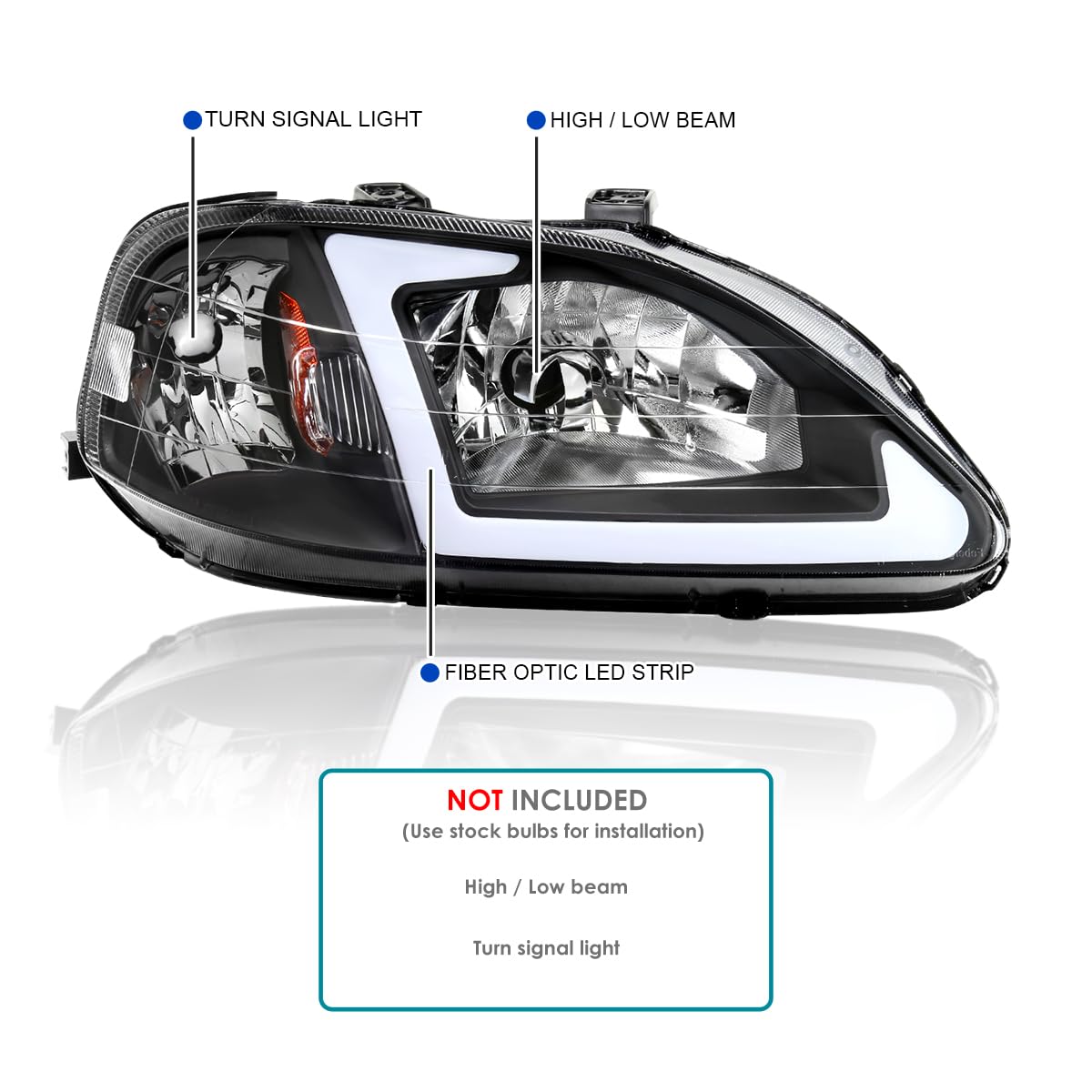 Black Headlights w/LED Tube SPEC-D TUNING Compatible with 1999-2000 Honda Civic EK/EJ/EM