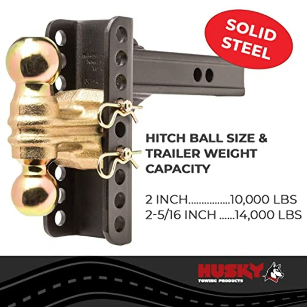 Trailer Hitch Ball Mount Husky Towing 33104 Class III/IV - Fits 2 Inch Receiver, Dual Hitch Ball 2” & 2-5/16”, 6” Drop / 5-1/4” Rise, 12” Solid Steel Shank, 14,000 lbs GTW, Black Powder Coated