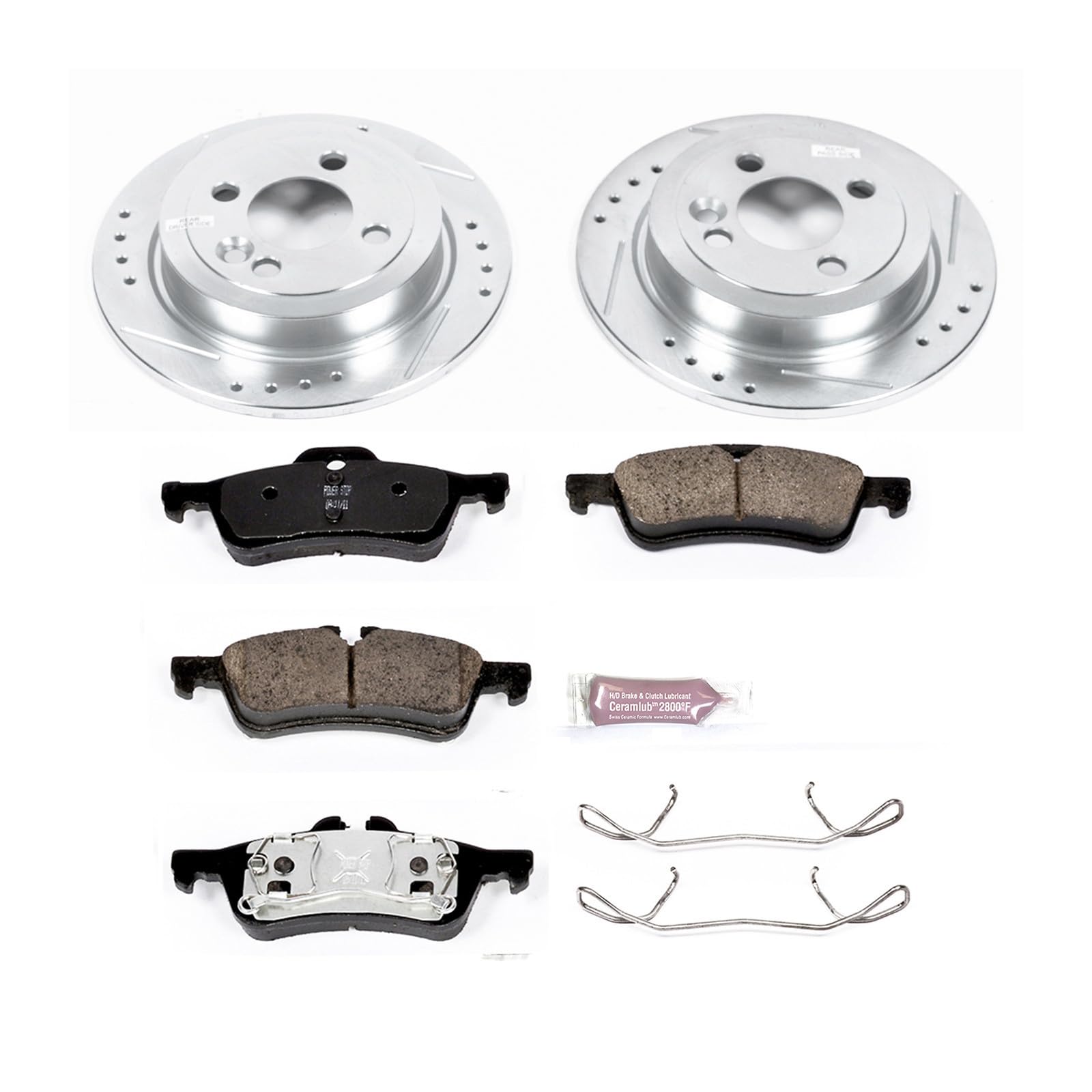 Rear Power Stop K6280 Z23 Carbon Fiber Brake Pads with Drilled & Slotted Brake Rotors Kit and 1 Rear Sensor Wire For Mini Cooper 2007-2008 [Model Specific]