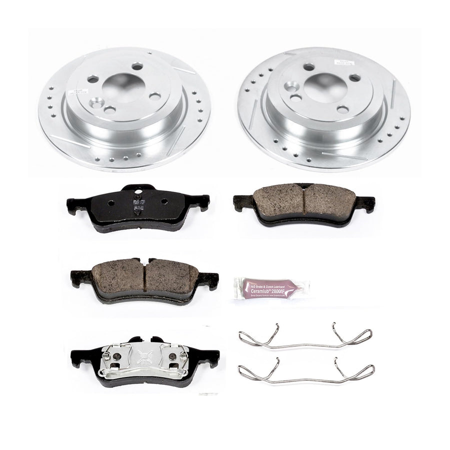 Rear Power Stop K6280 Z23 Carbon Fiber Brake Pads with Drilled & Slotted Brake Rotors Kit and 1 Rear Sensor Wire For Mini Cooper 2007-2008 [Model Specific]