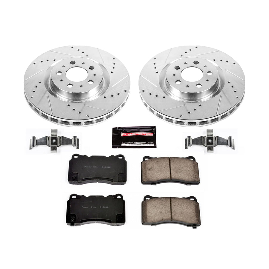 Power Stop K4548 Z23 Carbon Fiber Brake Pads Front with Drilled & Slotted Brake Rotors Kit For Volvo V70 2004-2007 [Model Specific]