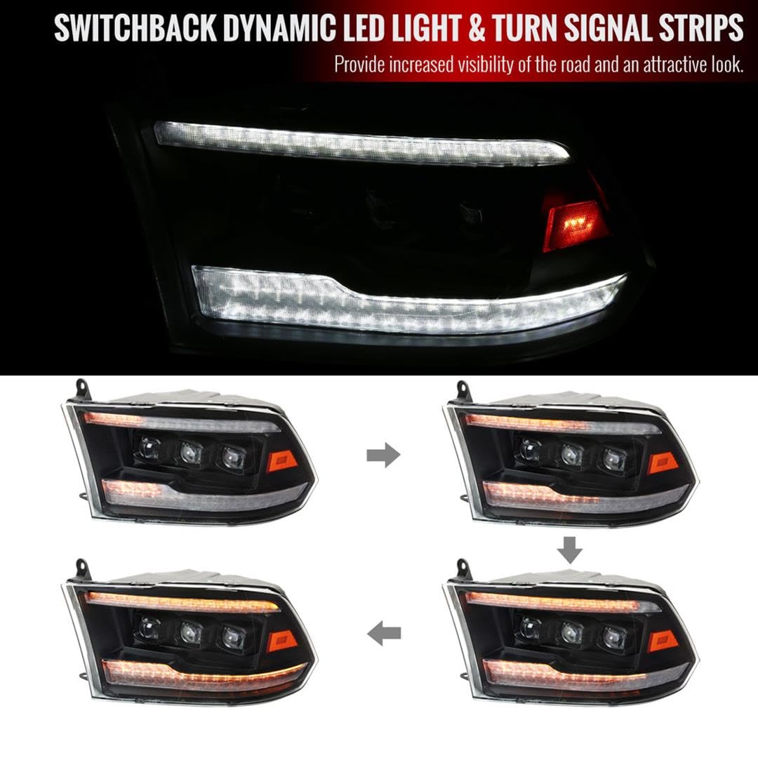 Full LED SPEC-D TUNING Black Sequential Projector Headlights w/Startup Animation Compatible with 2009-2019 Dodge Ram 1500, 2010-2019 Ram 2500/3500, Left + Right Pair Headlamps Assembly