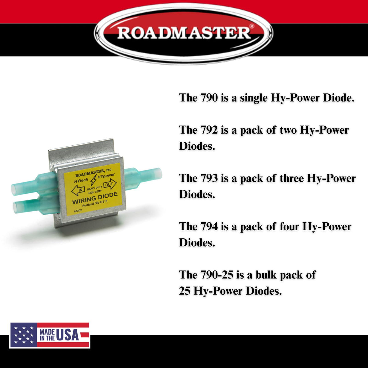 Roadmaster Hy-Power 790 Pack of 1 Diodes Compatible with RVs & Flat Towed Vehicles | Prevents Electrical Feedback Between Towed Vehicle & Motorhome | Ensures Safe, Reliable Light Operation