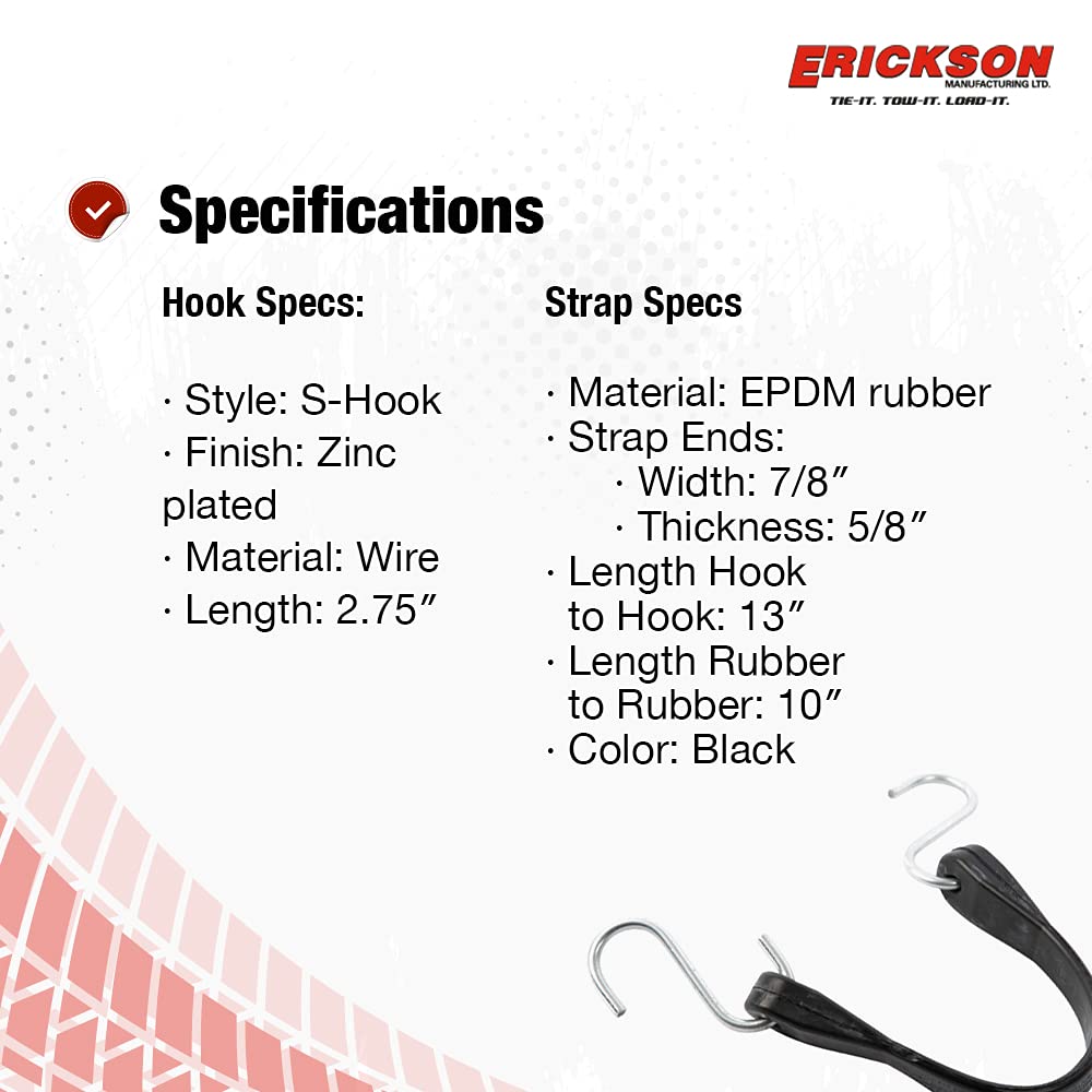 10" Long Erickson Industrial EPDM Rubber Tarp Strap, (Pack of 4)