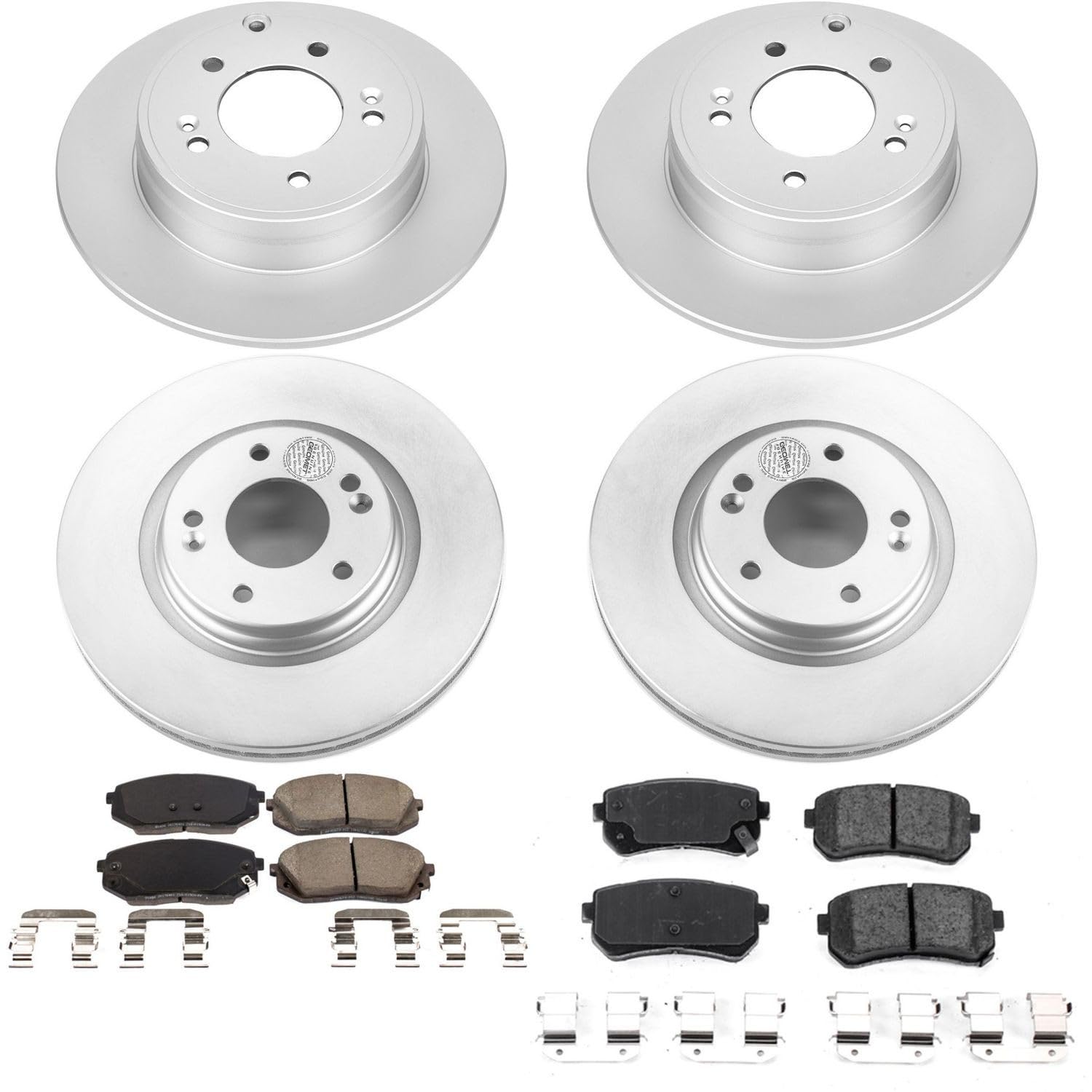 Power Stop Coated CRK7522 Brake Rotor and Ceramic Brake Pads- Front & Rear For Hyundai Sonata 2016-2019, Kia Optima 2016-2020 [Model Specific]