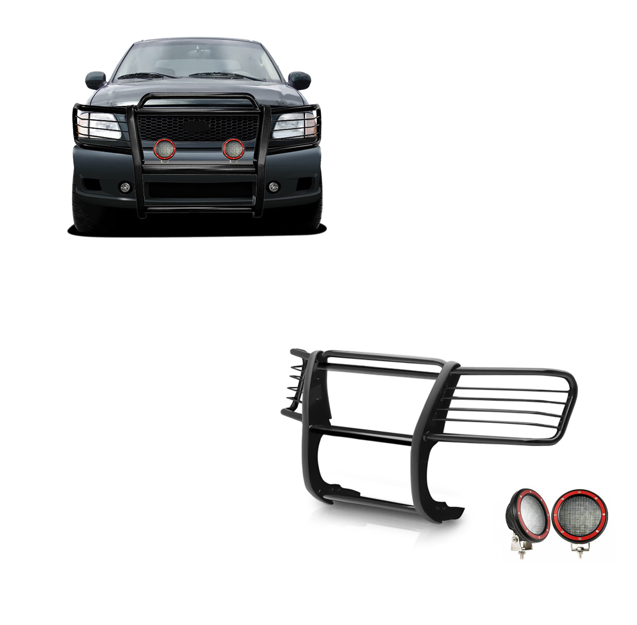 Grille Brush Black Horse Bumper Guard Modular Black Come with Pair of 5.3" LED Lights with Red Trim Rings Compatible with 1999-2002 Expedition|1999-2004 F-150|1999-2007 F-250 Super Duty-17FP27MA-PLFR