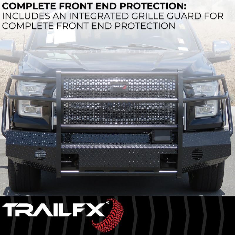 Bumper Trail FX FX3002A, One Piece Design, Direct Fit, With Grille Guard/Grille Mesh/Auxiliary Light Cutouts, Without Winch Mount, Gloss Black, Steel, Fits 2005-2007 Ford F-250/350/450/550 Super Duty