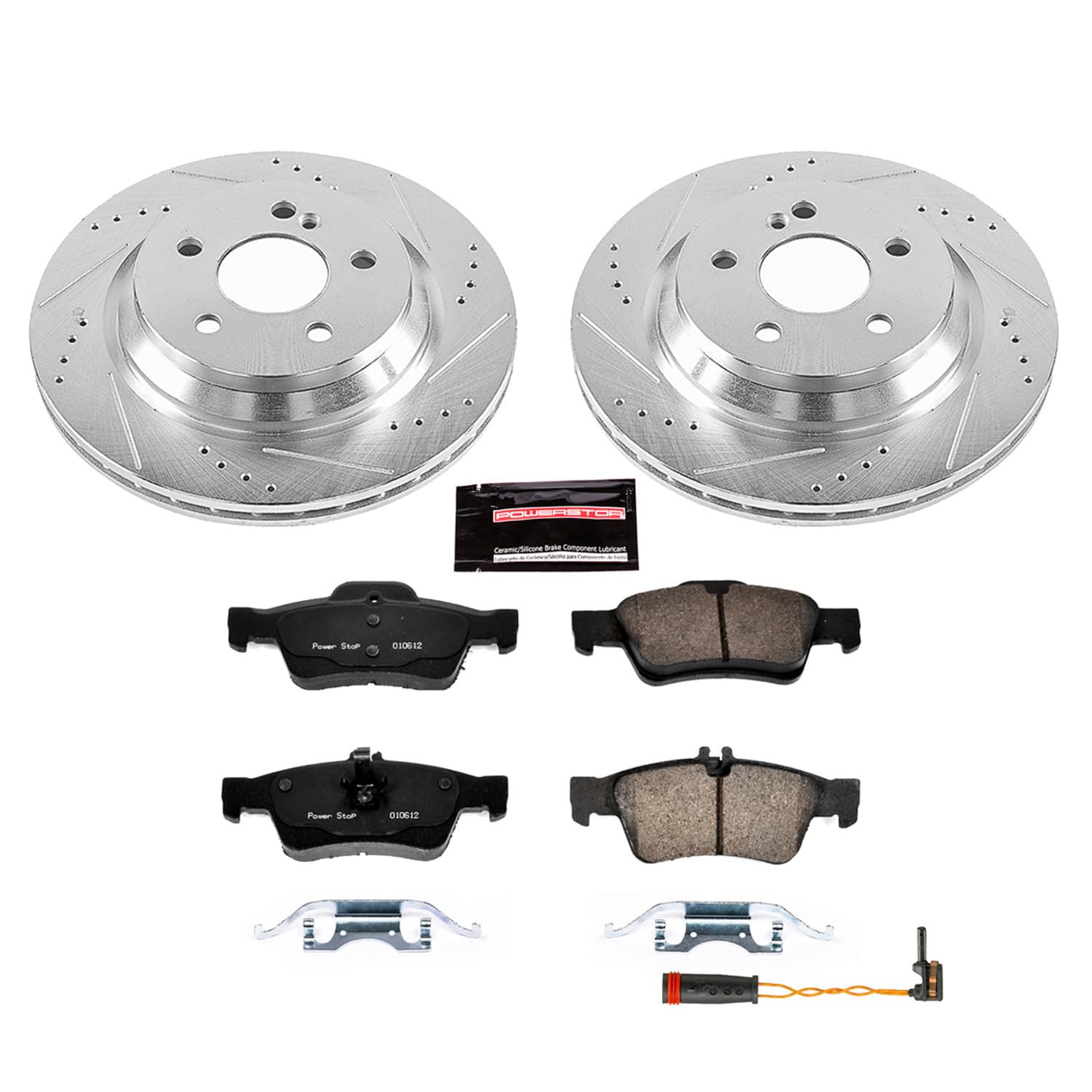 Power Stop K6569 Rear Brake Pads Z23 Carbon Fiber with Drilled & Slotted Brake Rotors Kit For Mercedes-Benz S350 2012-2013, Mercedes-Benz SL500 2003 [Model Specific]