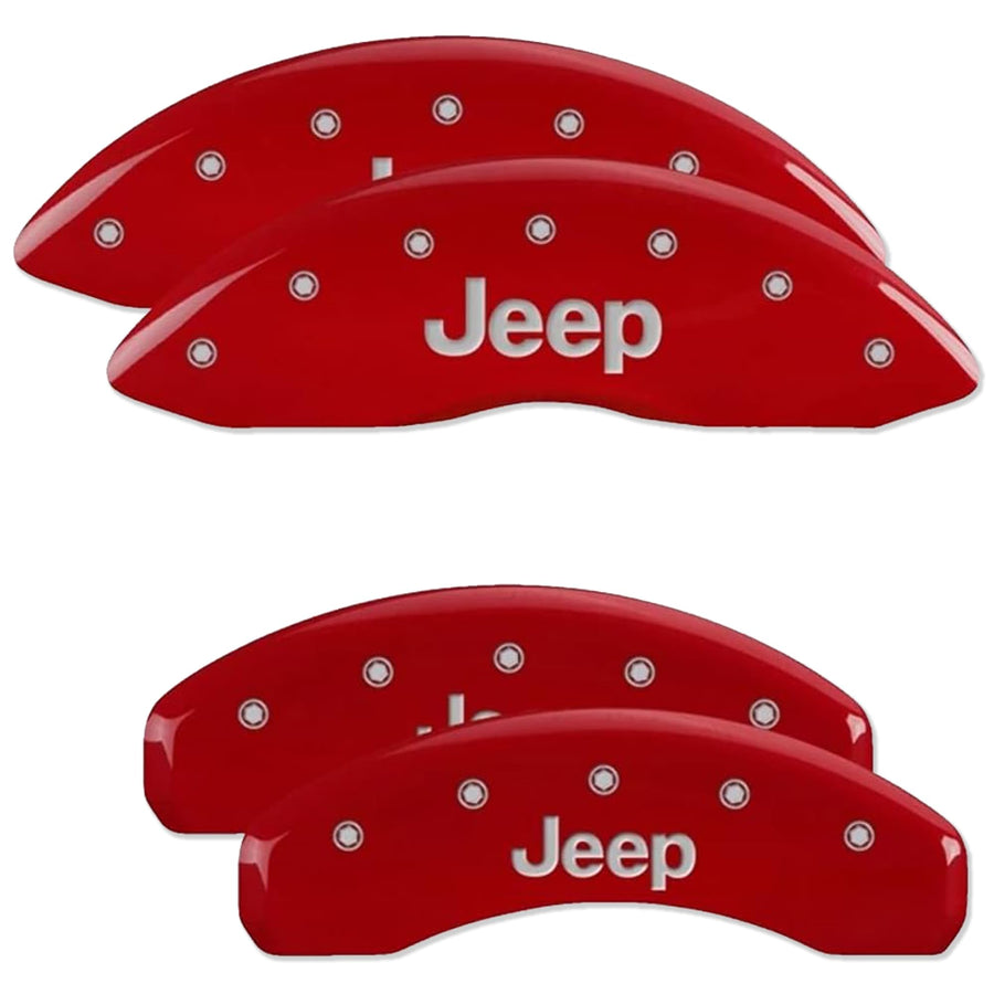 Jeep Grand Cherokee MGP Brake Caliper Covers 2011-21, WK 2022 (Requires 17"+ Wheels) Red Powder-Coated Finish, Engraved Silver Jeep Logo, Front and Rear Caliper Covers (Set of 4)