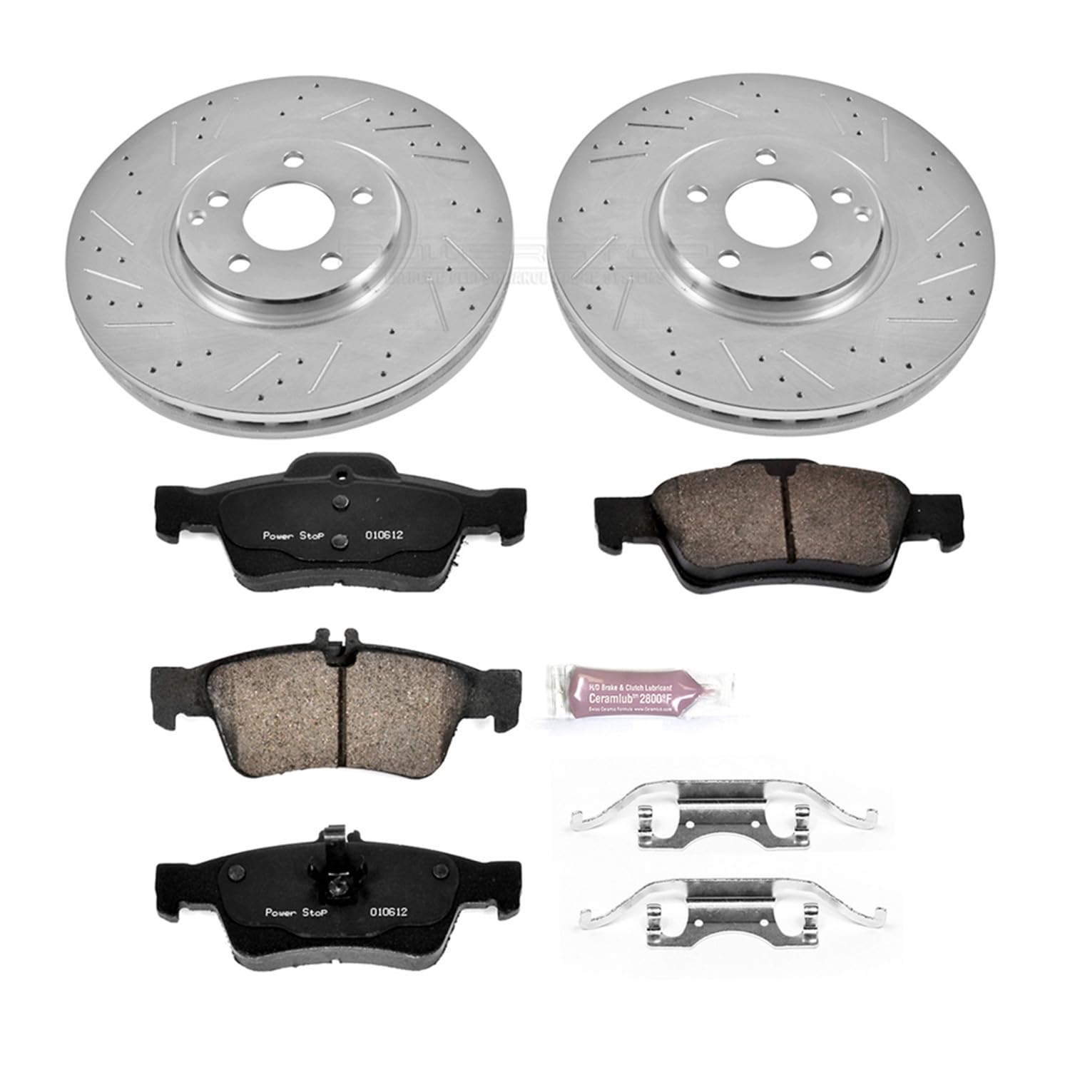 Power Stop K6359 Rear Brake Pads Z23 Carbon Fiber with Drilled & Slotted Brake Rotors Kit and 1 Rear Sensor Wire For CLS400, CLS, CLS550, E350, E400, E550 [Model Specific]