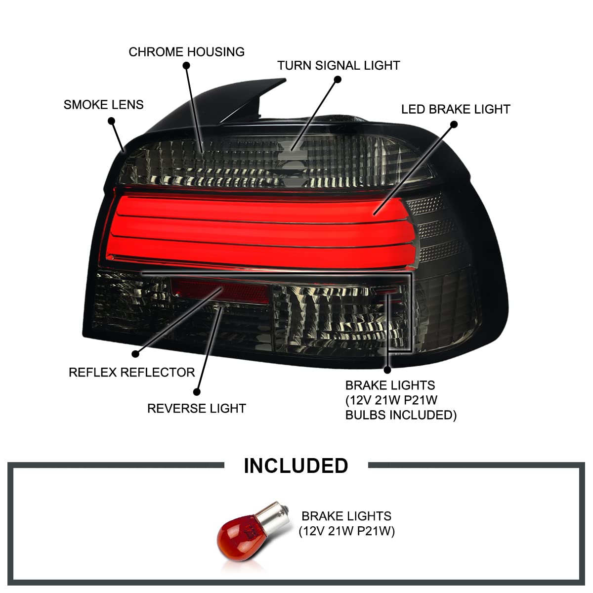 Smoke LED Bar Tail Lights SPEC-D TUNING Compatible with 1997-2000 BMW E39 5-Series 4-Door, Left + Right Pair Assembly