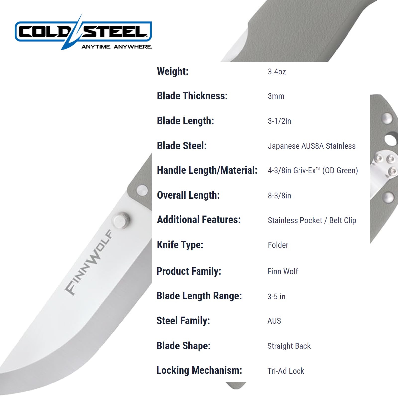 COLD STEEL 3.5in Finn Wolf AUS8A Razor-Sharp Straight Back Blade 4.375in Griv-Ex OD Green Handle Hunting Folding Knife, Boxed