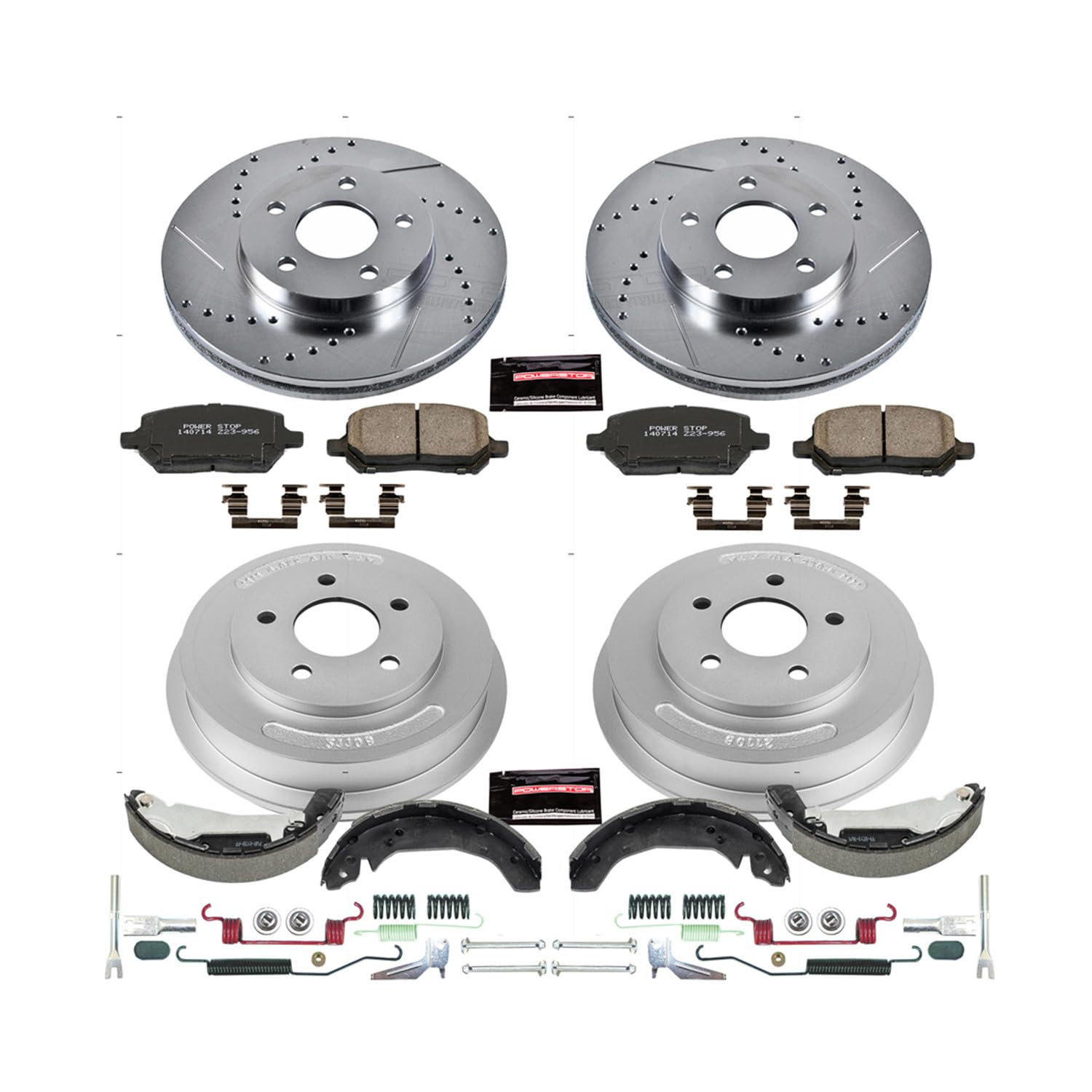 Power Stop K15422DK Z23 Carbon Fiber Brake Pads Front and Rear with Drilled & Slotted Brake Drums Kit For Chevrolet Cobalt 2009-2010, Pontiac G5 2009-2010 [Model Specific]