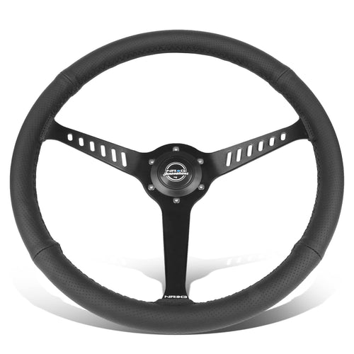 NRG Innovations Reinforced NRG-RST-380STL-B Classic Stealth Wheel, 380mm, 3 Spoke Center with Diagnal Slits, 1" Deep Dish with Perforated Leather and Black Stitching