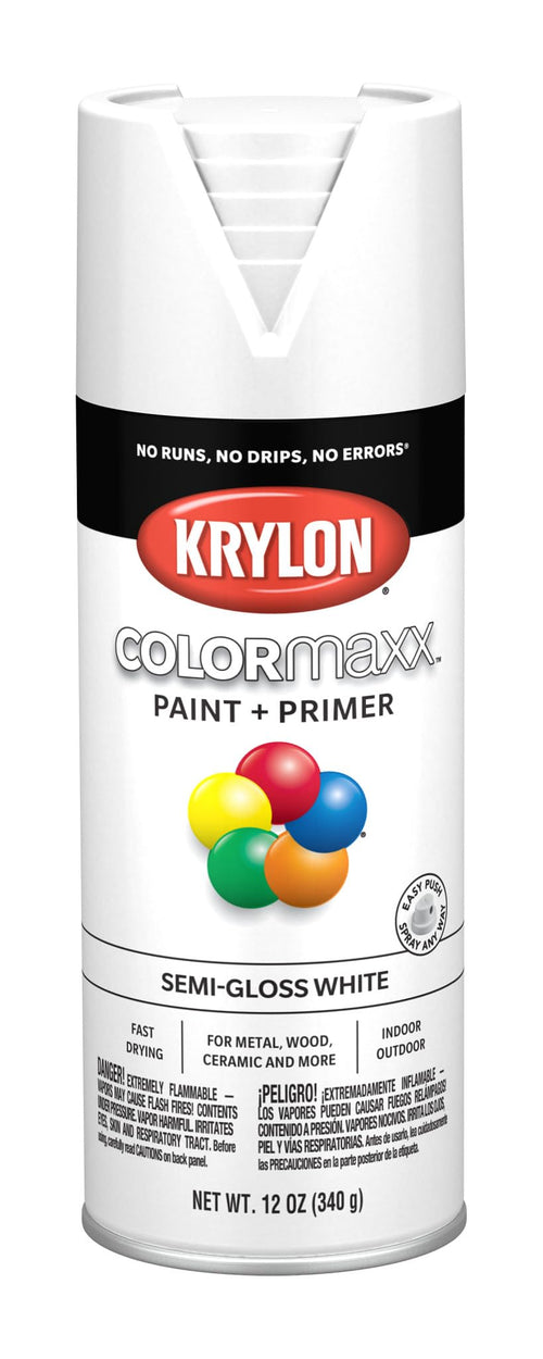 Krylon K05580007 Spray Paint and Primer COLORmaxx for Indoor/Outdoor Use, Semi-Gloss White, 12 Ounce (Pack of 1)