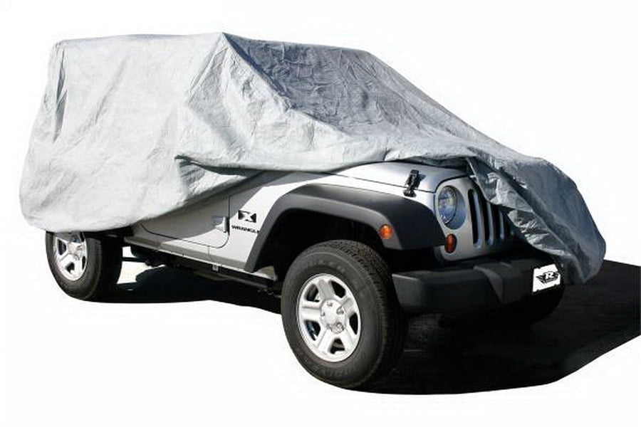 RAMPAGE PRODUCTS Jeep Wrangler JK/JL Full Car Cover | With Lock, Cable & Storage Bag, 4-Layer, Breathable, Grey | 1203 | Fits 2007-2018 Jeep Wrangler JK / 2018-2025 Jeep Wrangler JL