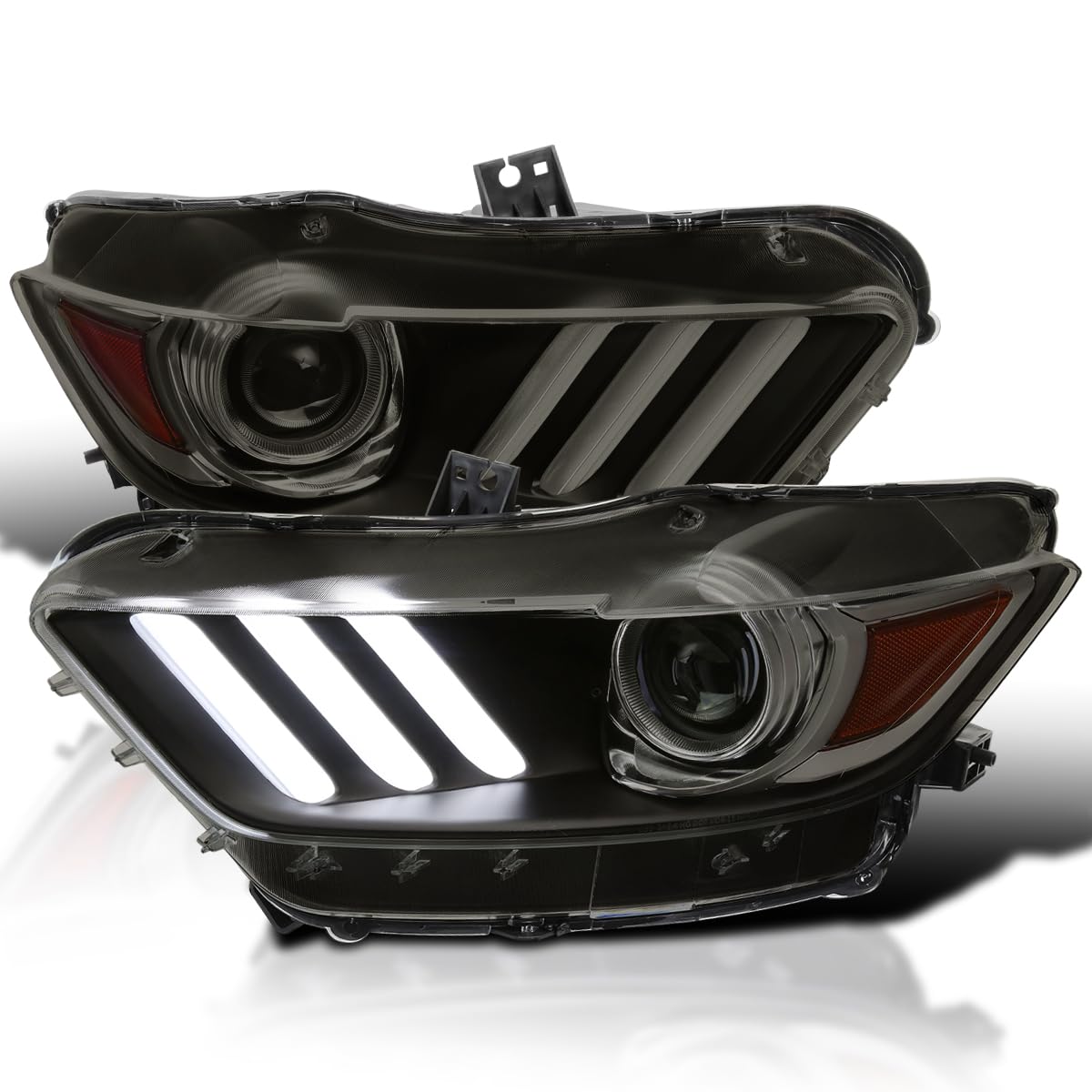 Black Smoke SPEC-D TUNING Projector Headlights w/LED Sequential Switchback Turn Signal Strips and Startup Animation Compatible with 2015-2020 Ford Mustang, Left + Right Pair Headlamps Assembly