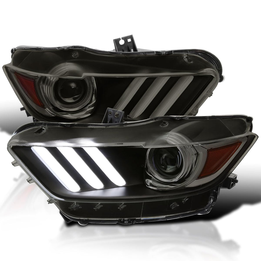Black Smoke SPEC-D TUNING Projector Headlights w/LED Sequential Switchback Turn Signal Strips and Startup Animation Compatible with 2015-2020 Ford Mustang, Left + Right Pair Headlamps Assembly