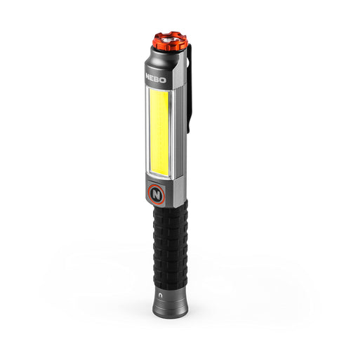 NEBO 3 Big Larry Work Light | Alkaline Batteries Included, 600 Lumens, 7 Light Modes, Magnetic COB Task Lamp & LED Flashlight, Steel Pocket Clip, Hands-Free Use, Water Resistant